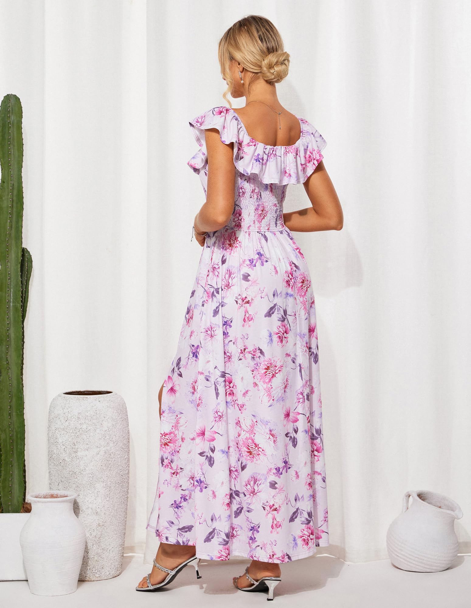 GRACE KARIN 2025 Womens Maxi Dresses Summer Off Shoulder Floral Dress Ruffle Split Beach Flowy Boho Wedding Guest Dress