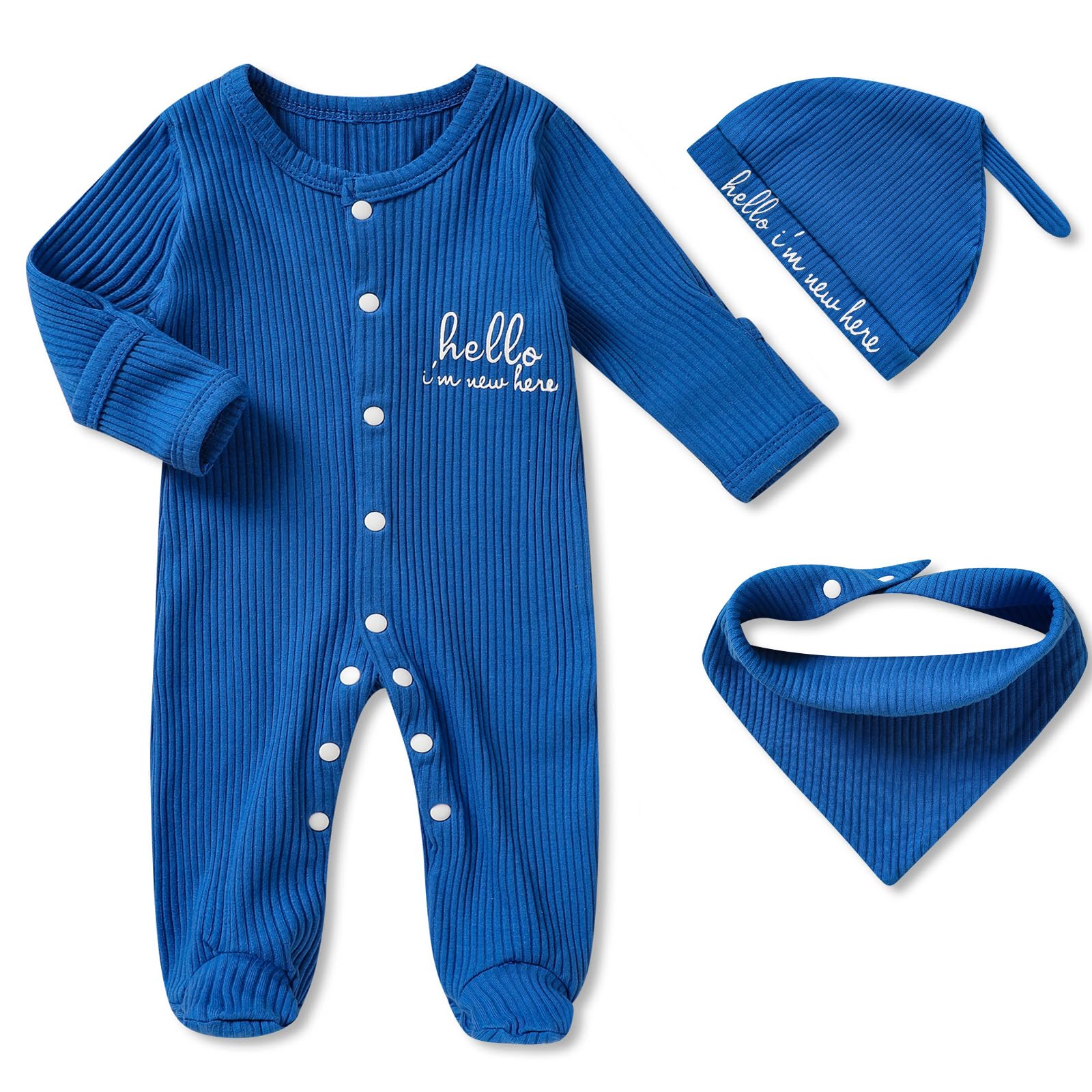 ZOELNICNewborn Infant Baby Boy Coming Homing Clothes Letter Print Button Knit Footed Romper Jumpsuit Hat Bibs 3pcs Outfit