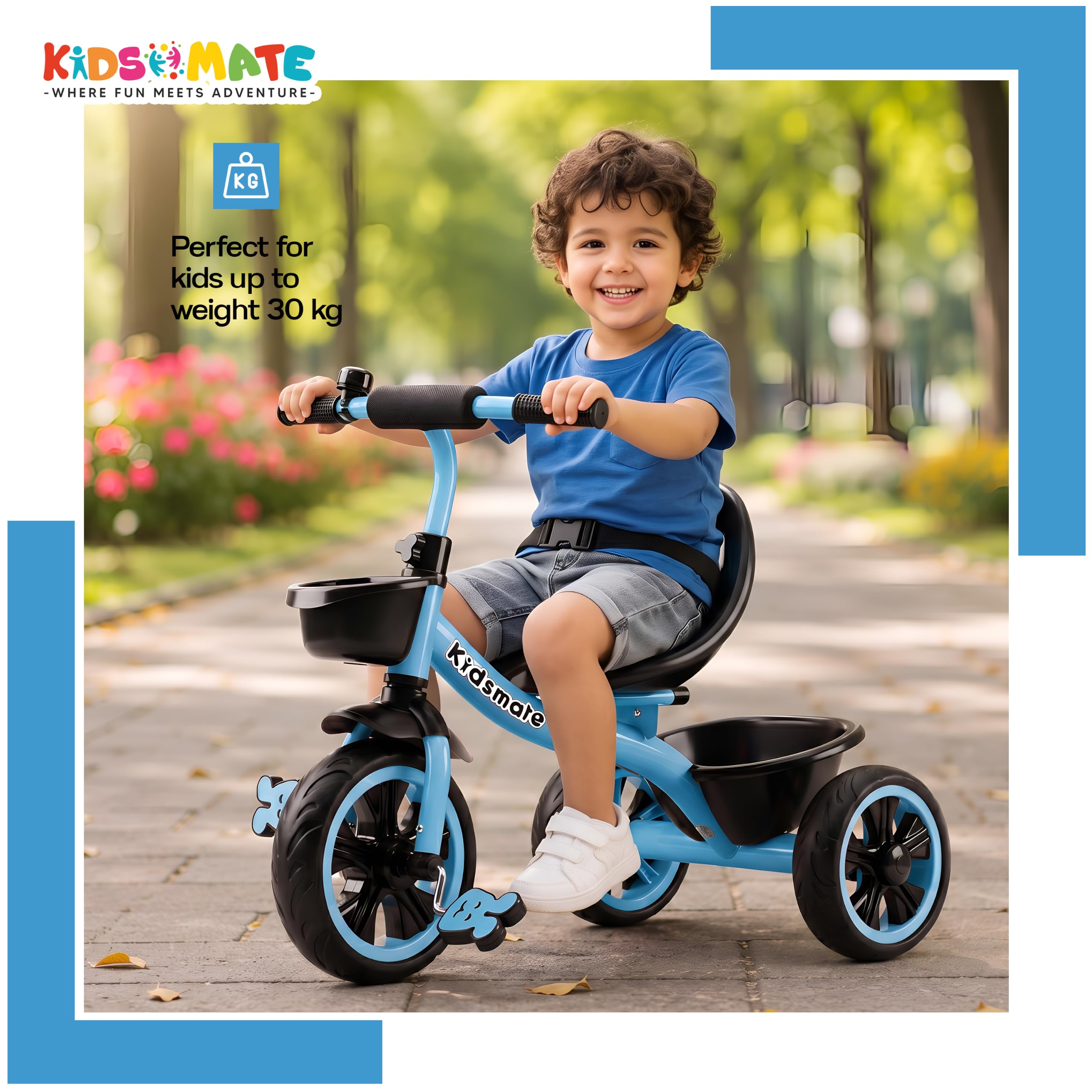 Kidsmate Zoom Trike Cycle for Kids 2-5 Years | Tricycle for Kids | Tricycle for Boys & Girls | Baby Cycle with Anti-Skid EVA Wheels, Bell, Front & Rear Basket, Comfortable Seat | 30kg Capacity - Blue — Amazon image 8