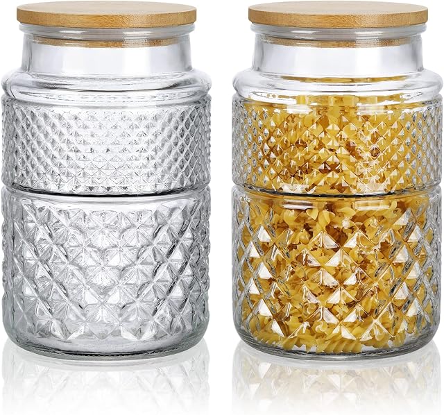 Joeyan 2L Glass Storage Jars with Bamboo Lid - Textured Large Glass Canisters Set of 2 - Airtight Kitchen Containers for Spaghetti, Cereal, Cookie, Flour, Nuts