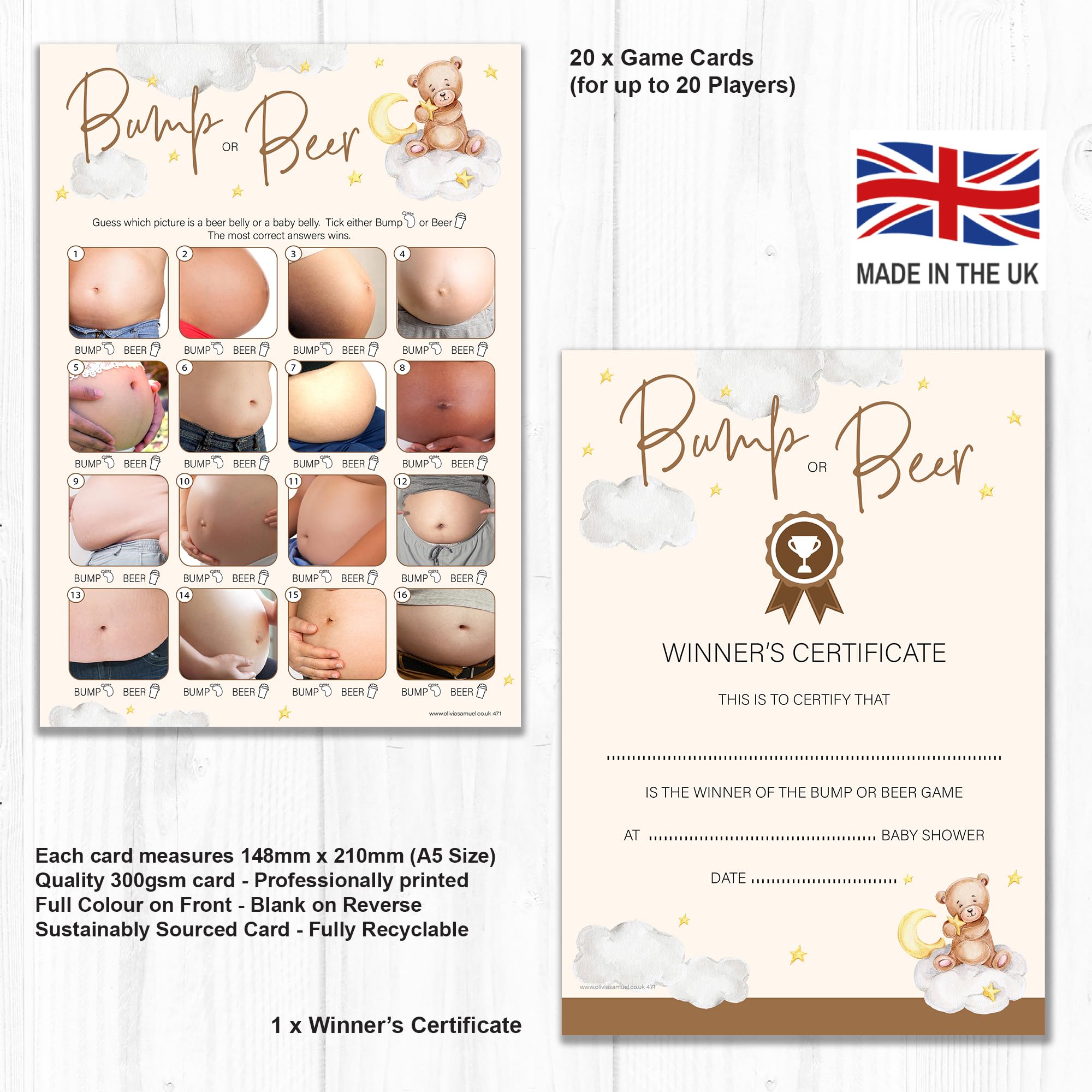 Babyparty Spiel - Teddybär Scharaden Karten Set | 38 Karten Unisex | Mit Gewinnerzertifikat | Perfekt Für Babyshower