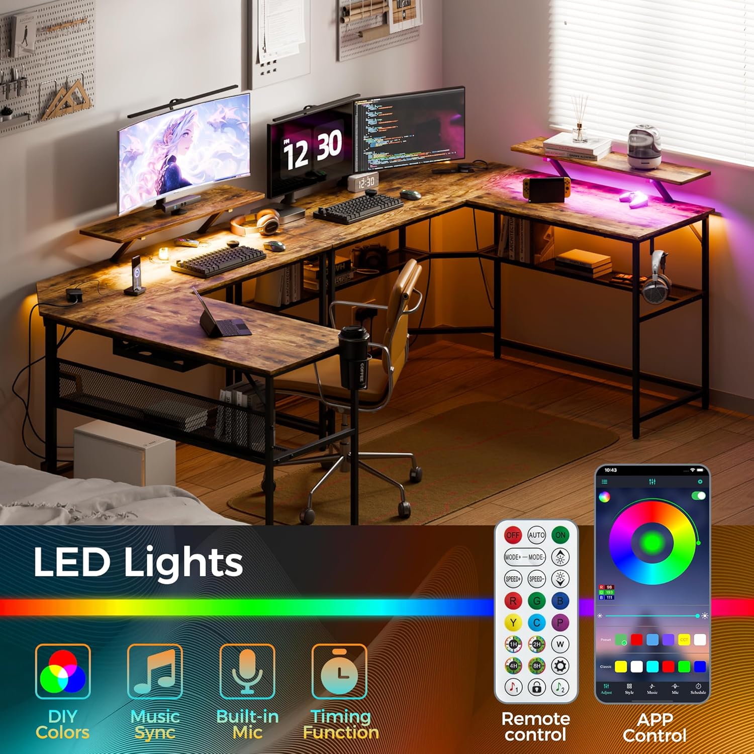 Image illustrating the LED lighting features, including remote control, app control, music sync, and timing function.