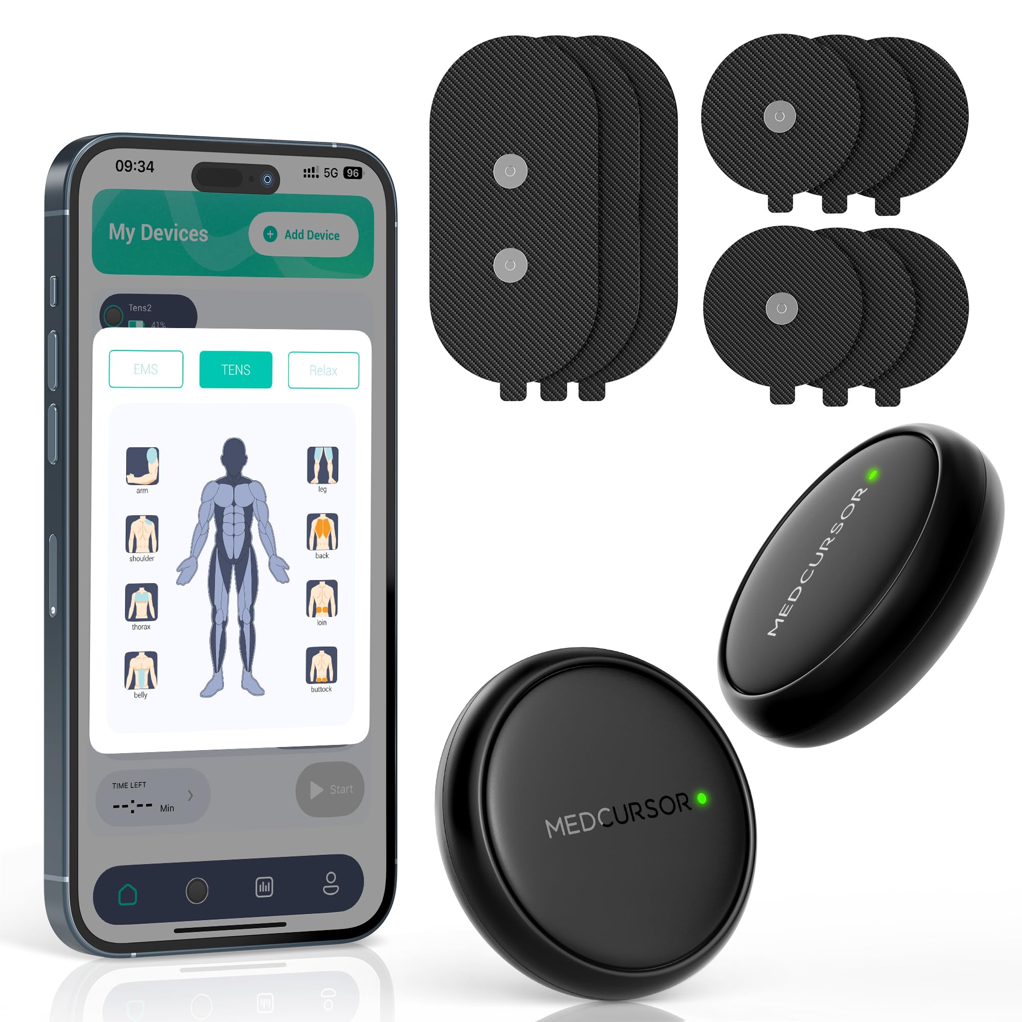 Medcursor Stimulateur Musculaire à Unité TENS - Appareil EMS sans Fil 3-en-1 à Double Canal avec Application et Mémoire, 25 Niveaux d'Intensité, 8 Zones Ciblées, pour Soulager les Douleurs Dorsales