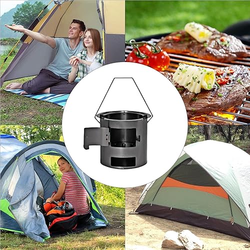 Miniatura 4 de Estufa de leña portátil, quemador compacto con asa, estufa de campamento con rejilla de parrilla y guantes  para mochileros al aire libre,