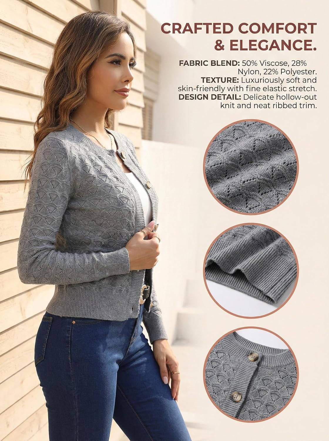 Women's Long Sleeve Cropped Knitted Sweater Cardigan Button Down Open Front Knitted Shrug Sweaters