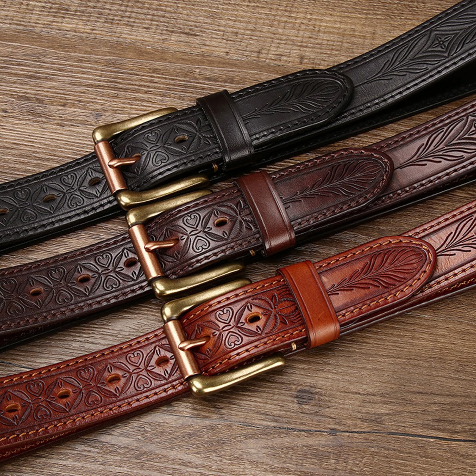 Gürtel Herren Damen Vollledergürtel Handgemachtes Prägung Ledergürtel Mit Goldener Gürtelschnalle Dornschließe Ornament Druck Blumen Und Blätter Muster Jeansgürtel(115cm/45, Brown)