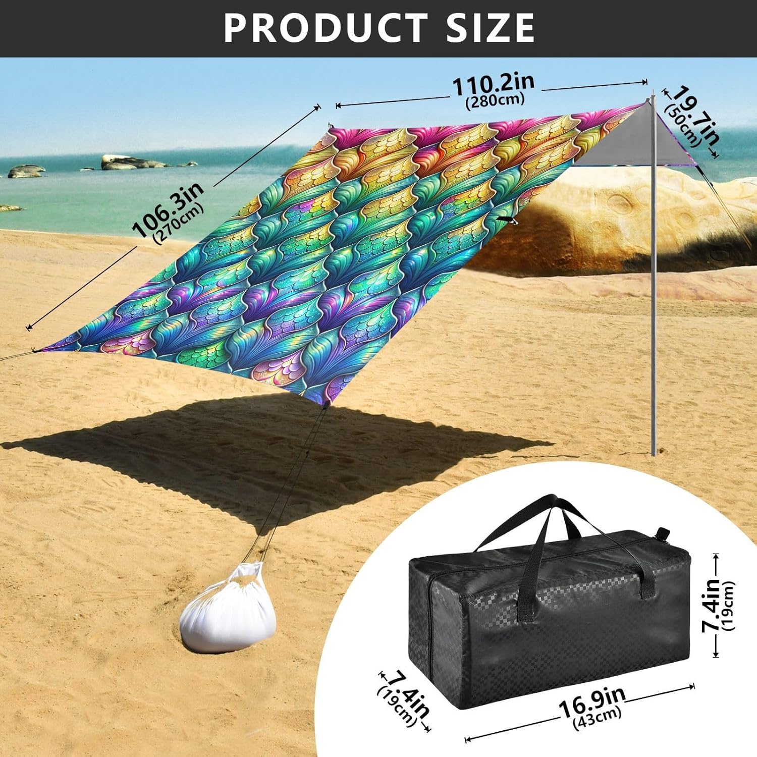 ALAZA Rainbow Mermaid Scale Colorful Beach Tent Sun Shelter UPF50+ Protection Beach Shade Canopy w/ 4 Sandbags for Outdoor Camping, Fishing, Backyard Fun, Picnic, 10x9 ft