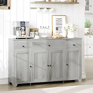 55" Sideboard Buffet Cabinet with Storage, Coffee Bar with Adjustable Shelves, 3 Drawers and 4 Minimalist Doors, Long Storage Cabinet for Kitchen, Dining Room, Living Room- Grey