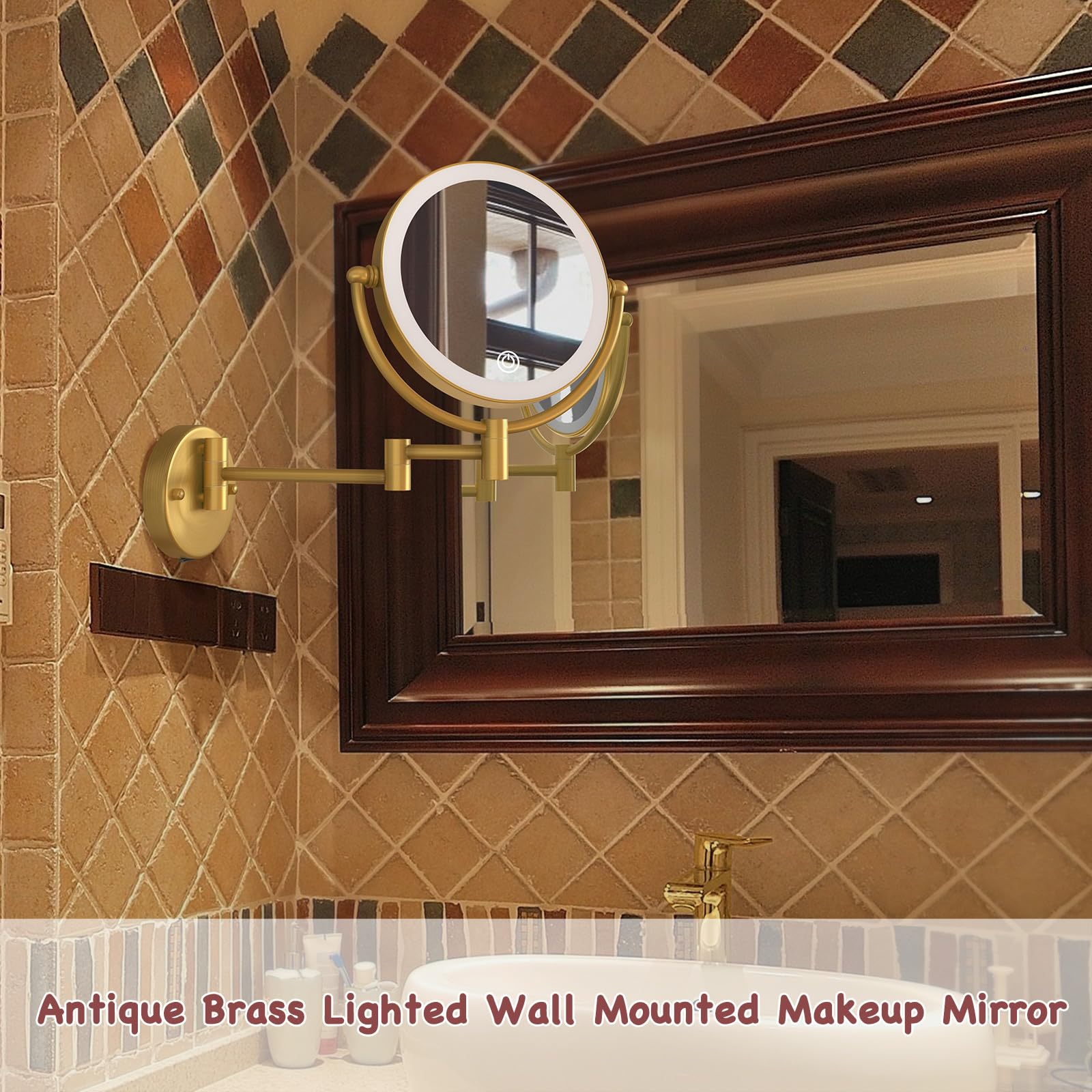 Miroir de maquillage à montage mural éclairé grossissant x10 câblé, double face avec éclairage 3 couleurs, fonction de gradation tactile, bras pivotant à 360° et bras extensible pour rasage