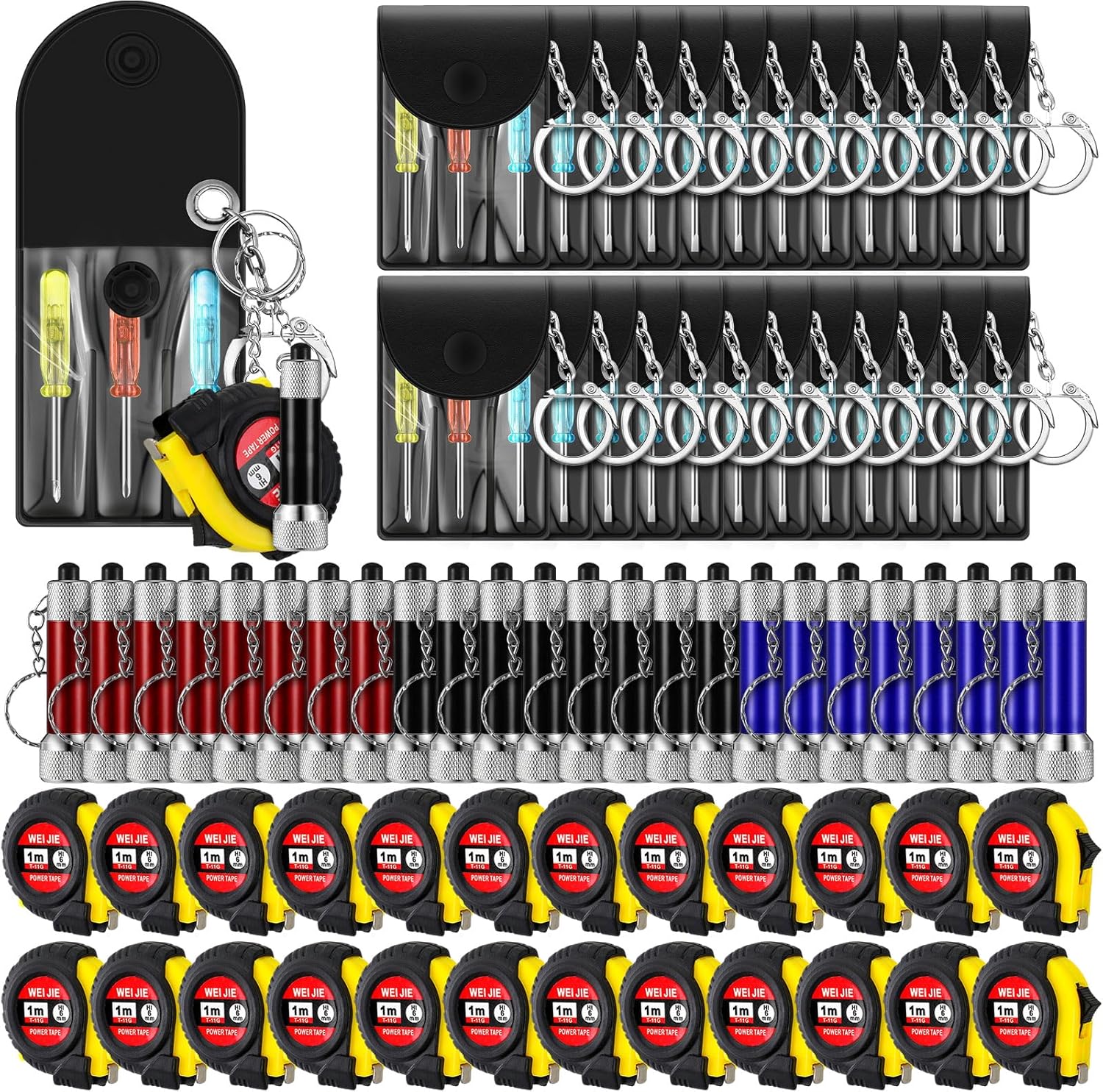 Jutom 72 Pcs Bulk Gifts for Men Mini Tape Measure Keychain Screwdriver LED Light Keychain Set for Adult Father Day Men Gifts Bulk Party Favor (Blue,Black,Red)