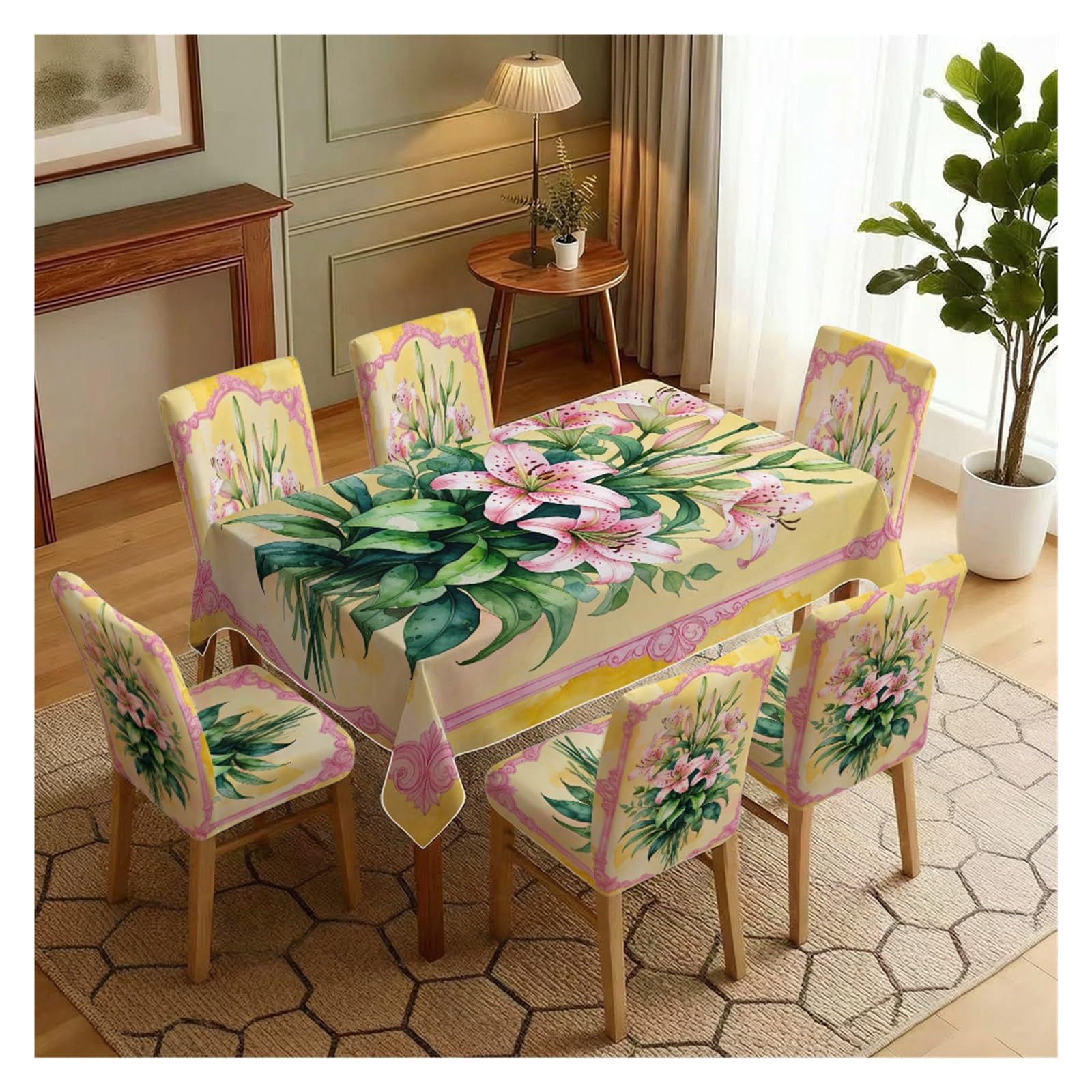 KXUAUV Vintage Lily Print Tablecloth & Chair Covers Set, Slipcovers For Dining Room, Kitchen, Tea Party & Cottage Decor, 5/7 Pack Party Decor(7pcs Set: Tablecloth+Chair Covers)