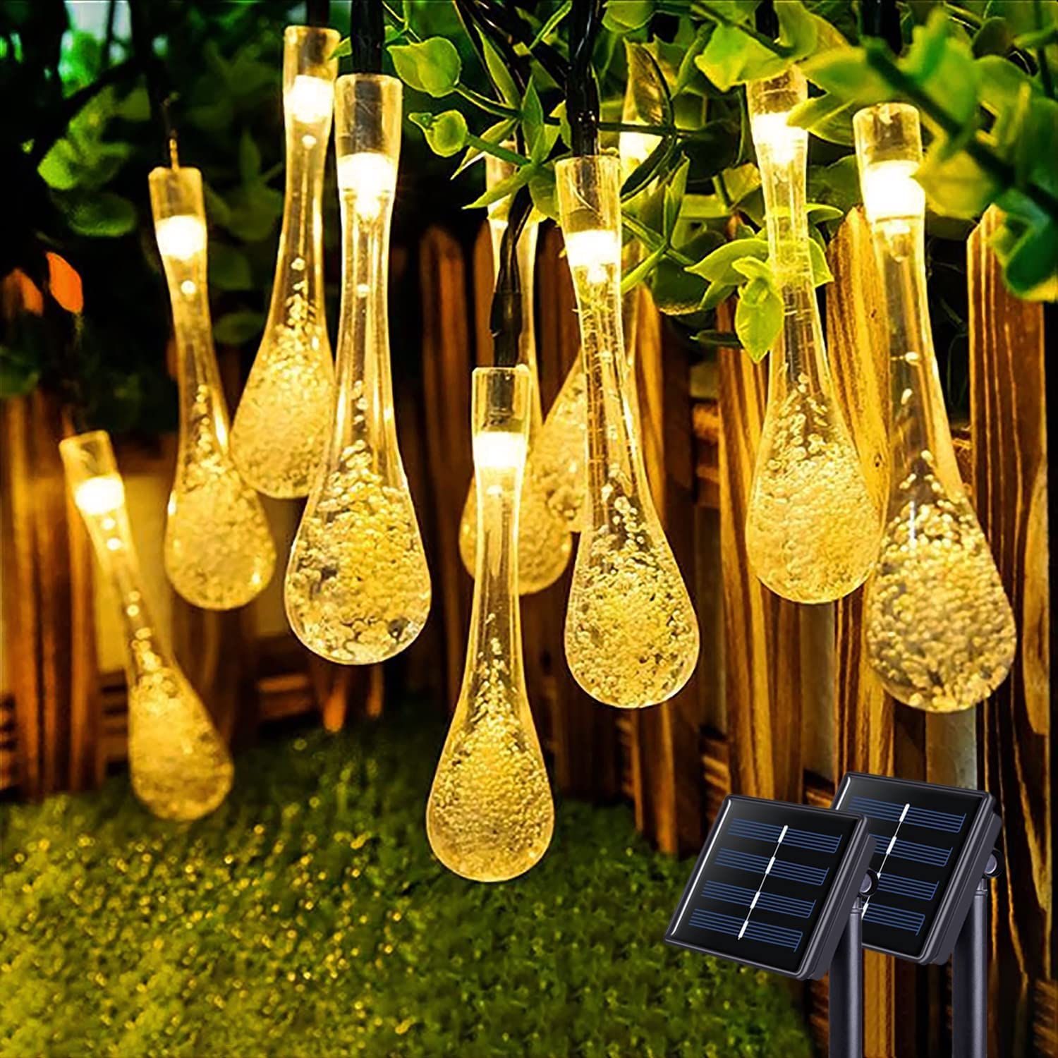 2 Pack Solar Water Drop String Lights, 62FT 100 LED Solar Powered String Lights Outdoor Waterproof, 8 Modes Teardrop Lights for Gardens Christmas Tree Patio Yard Party Holiday Decor (100 LED, Warm)