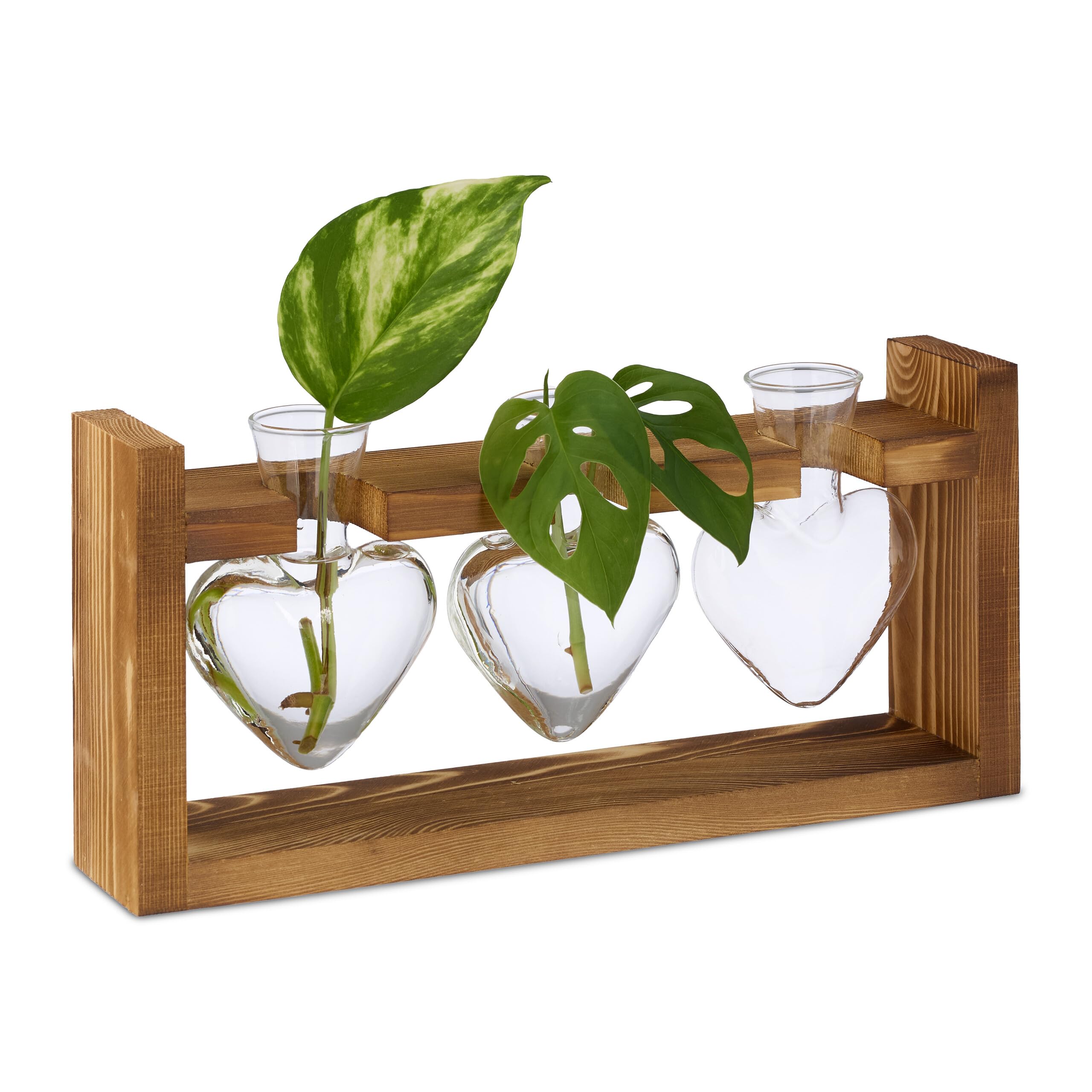 Relaxdays Floreros Pequeños, 3 Jarrones Corazón, Cristal, Flores/Plantas, Hidroponía, 13x28x6,5 cm, Transparente/Natural