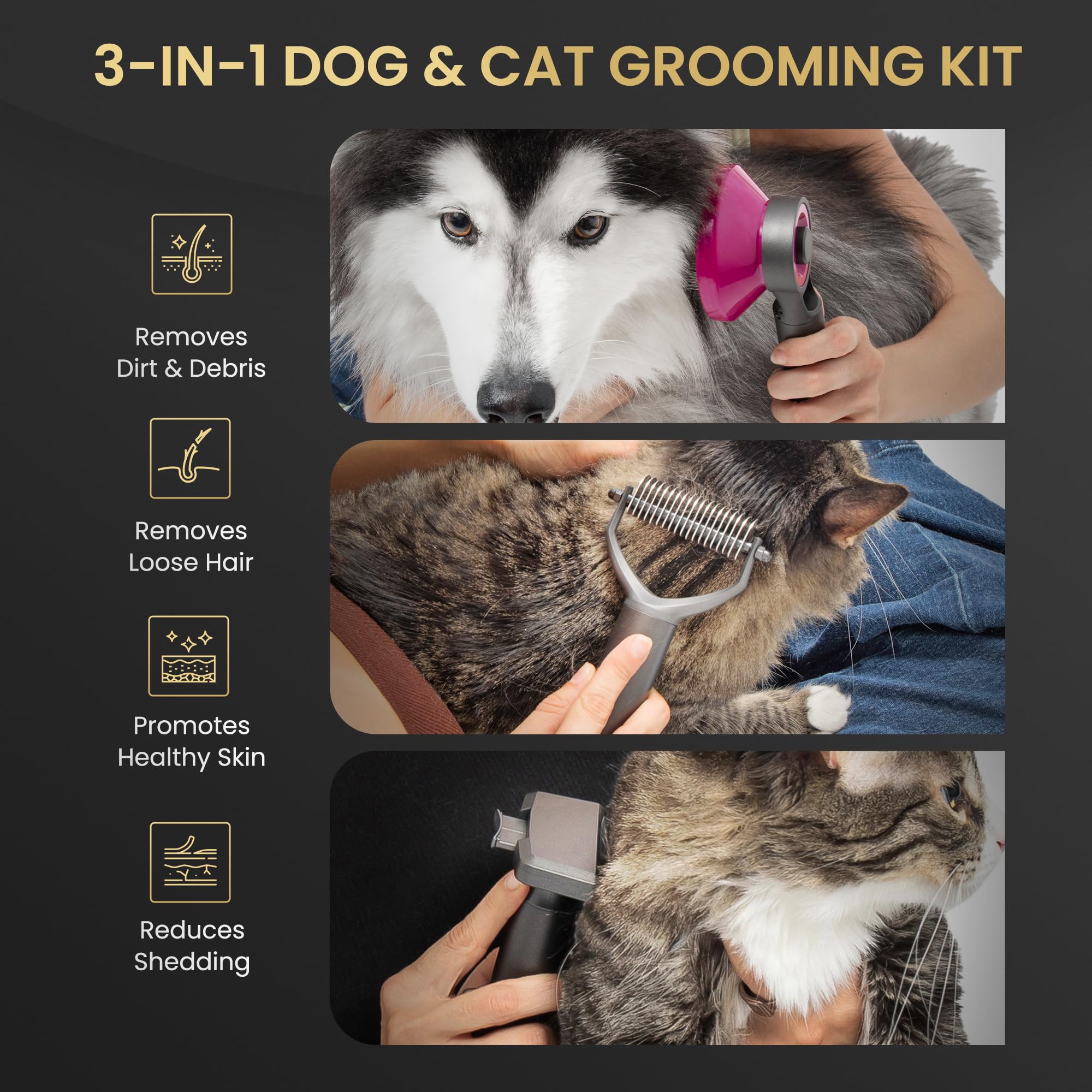 Pet Grooming Comb for Dogs and Cats - Detangling, Dematting, and Massaging with Self-Cleaning Button - Pet Care, New Puppy Gift, New Kitten Gift, Pet Grooming, Luxury Pet Care, Undercoat Rake, Black