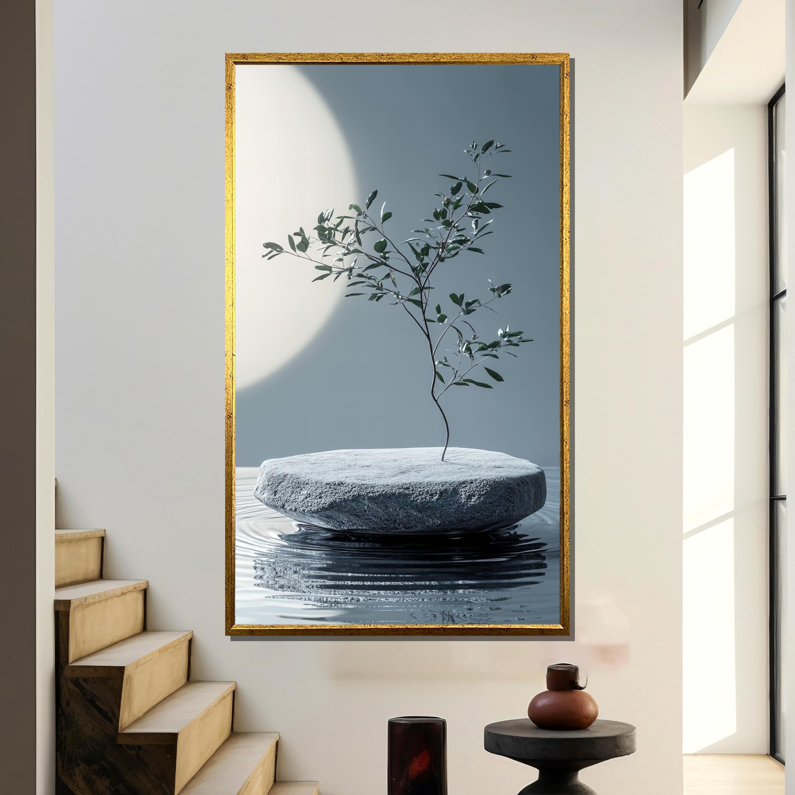 TONGYINLI Minimalistyczny obraz zen na płótnie, obrazy z kamienia roślinnego, nowoczesna sztuka ścienna, do salonu, nowoczesna dekoracja domu (43 x 86 cm)