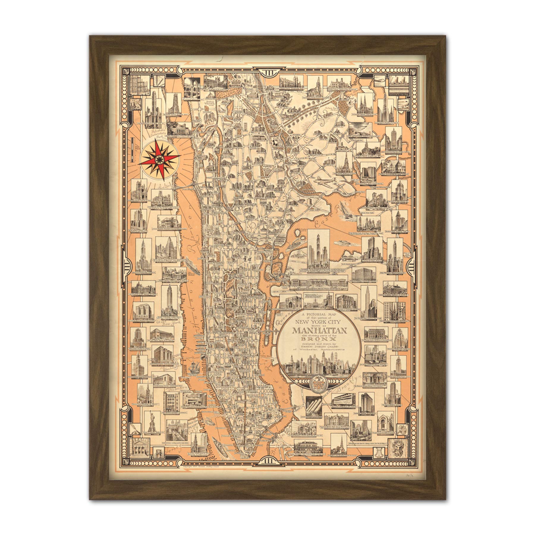 Chase 1939 Pictorial Map NY Manhattan Bronx Large Framed Art Print Poster Wall Decor 18x24 in