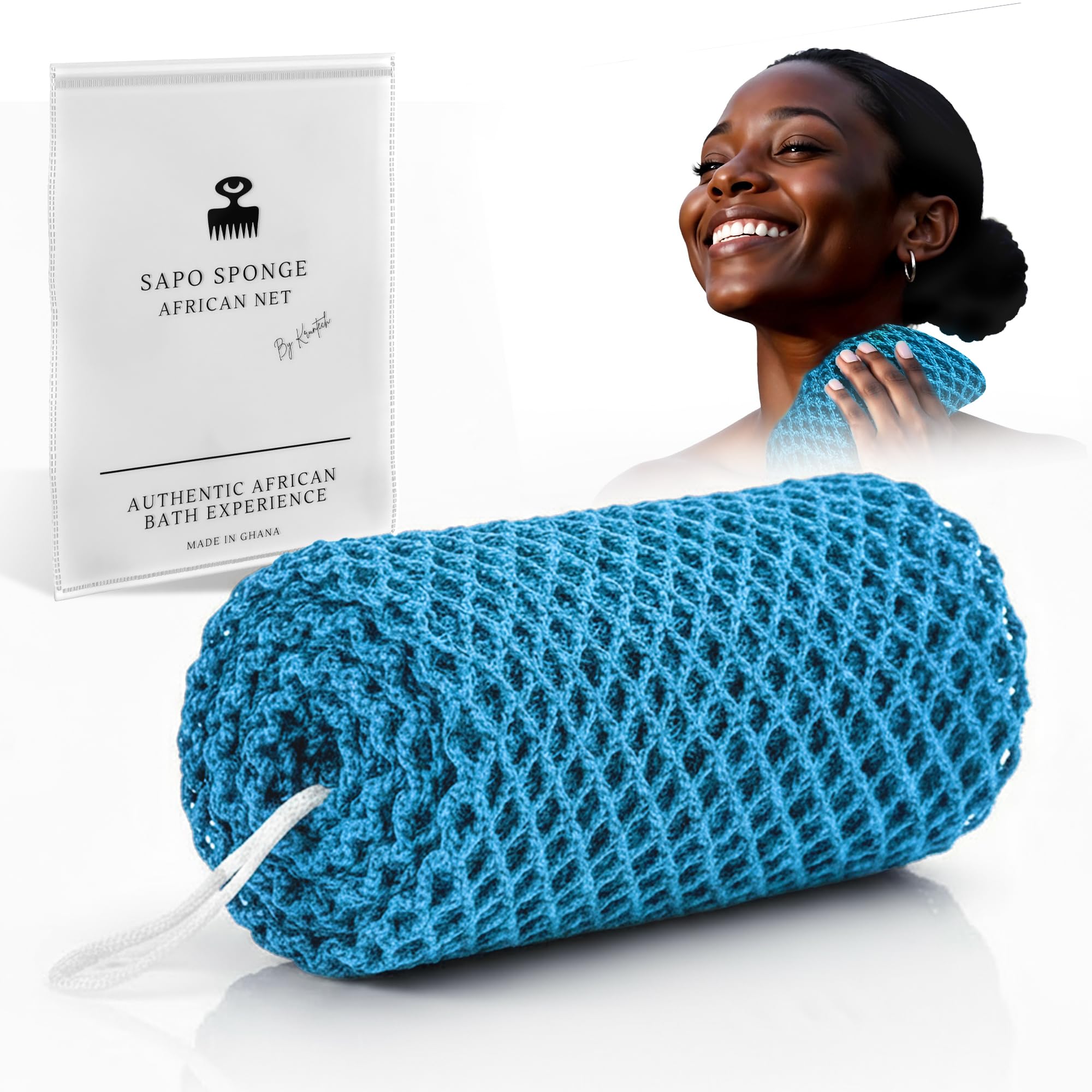 Esponja Africana Auténtica Ghana Exfoliante Corporal Ducha Baño con Cordón Red Malla Larga para Cuerpo y Espalda Piel Suave Azul
