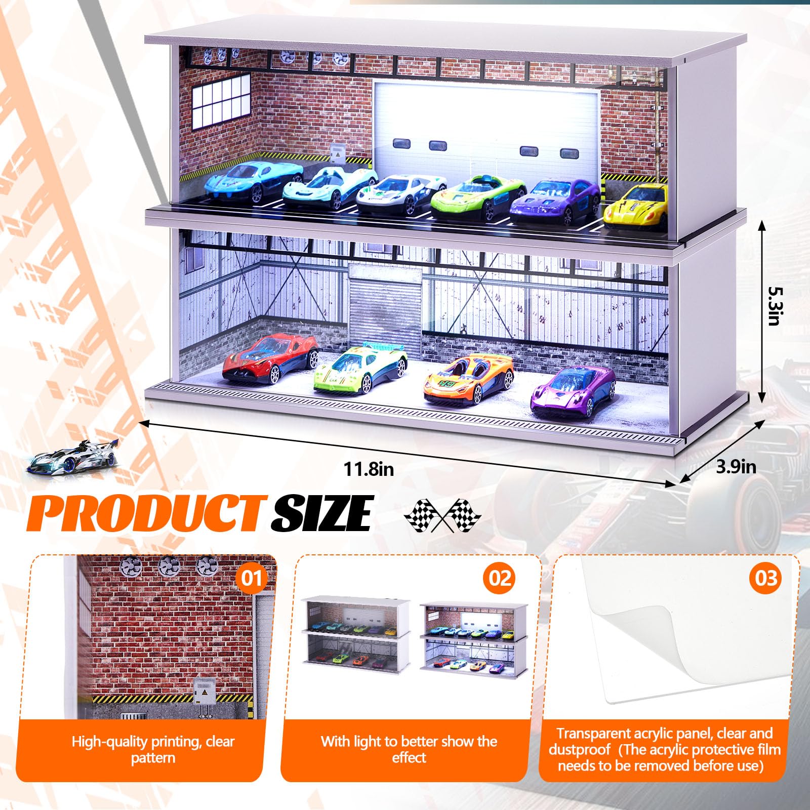 Tujoe 2 Pcs Hot Diecast Wheels Garage Display Case with LED Light and Acrylic Cover 1/64 Scale Diecast Toy Cars Storage Case Holds Max 12 Cars for Model Toy Car Storage Collector(Red Bricks)