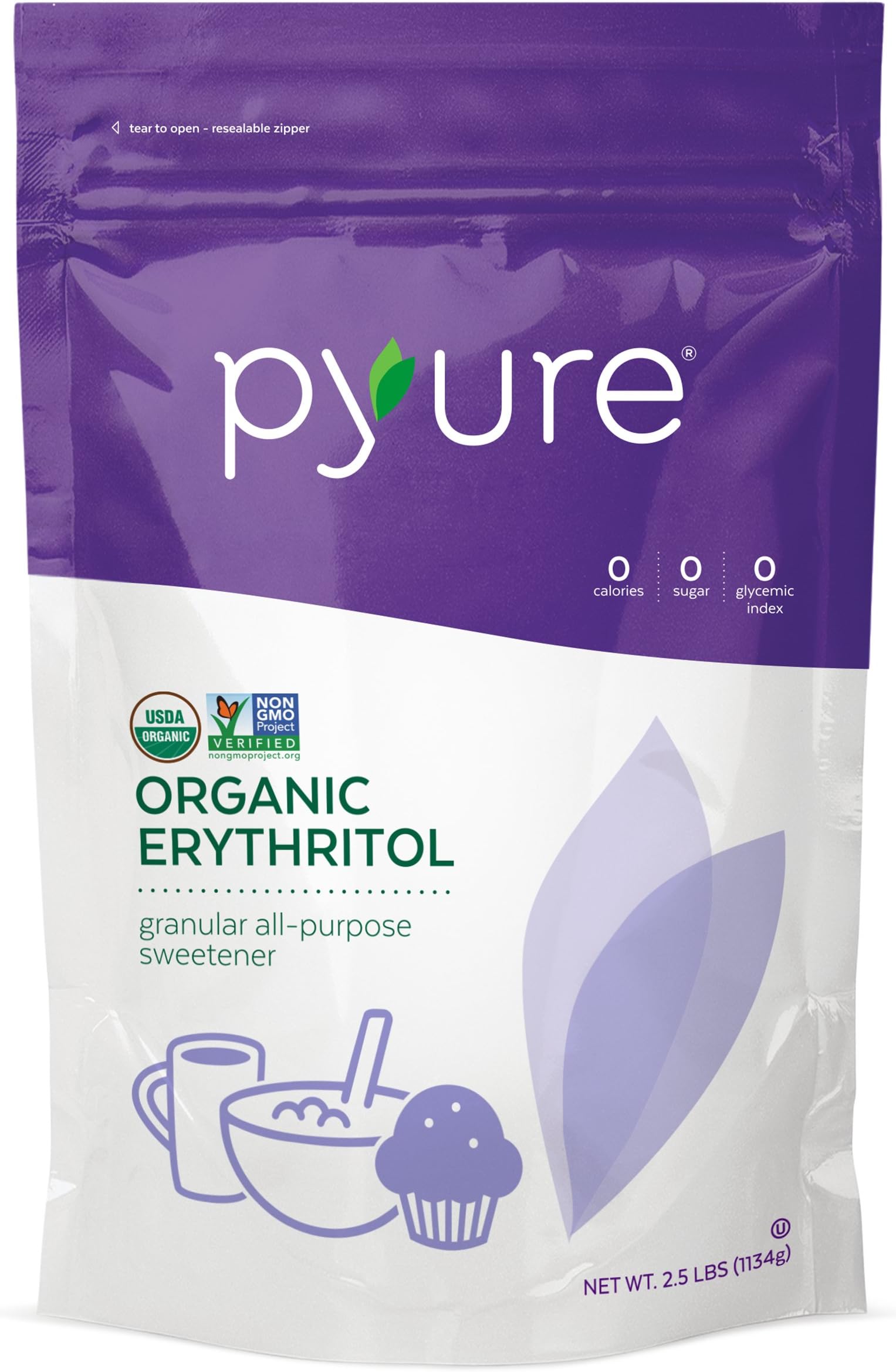 Organic Erythritol Granulated Sweetener by Pyure, 0 Calorie, 0 Net Carbs, non-GMO, 2.5 Pound (40 Ounces)