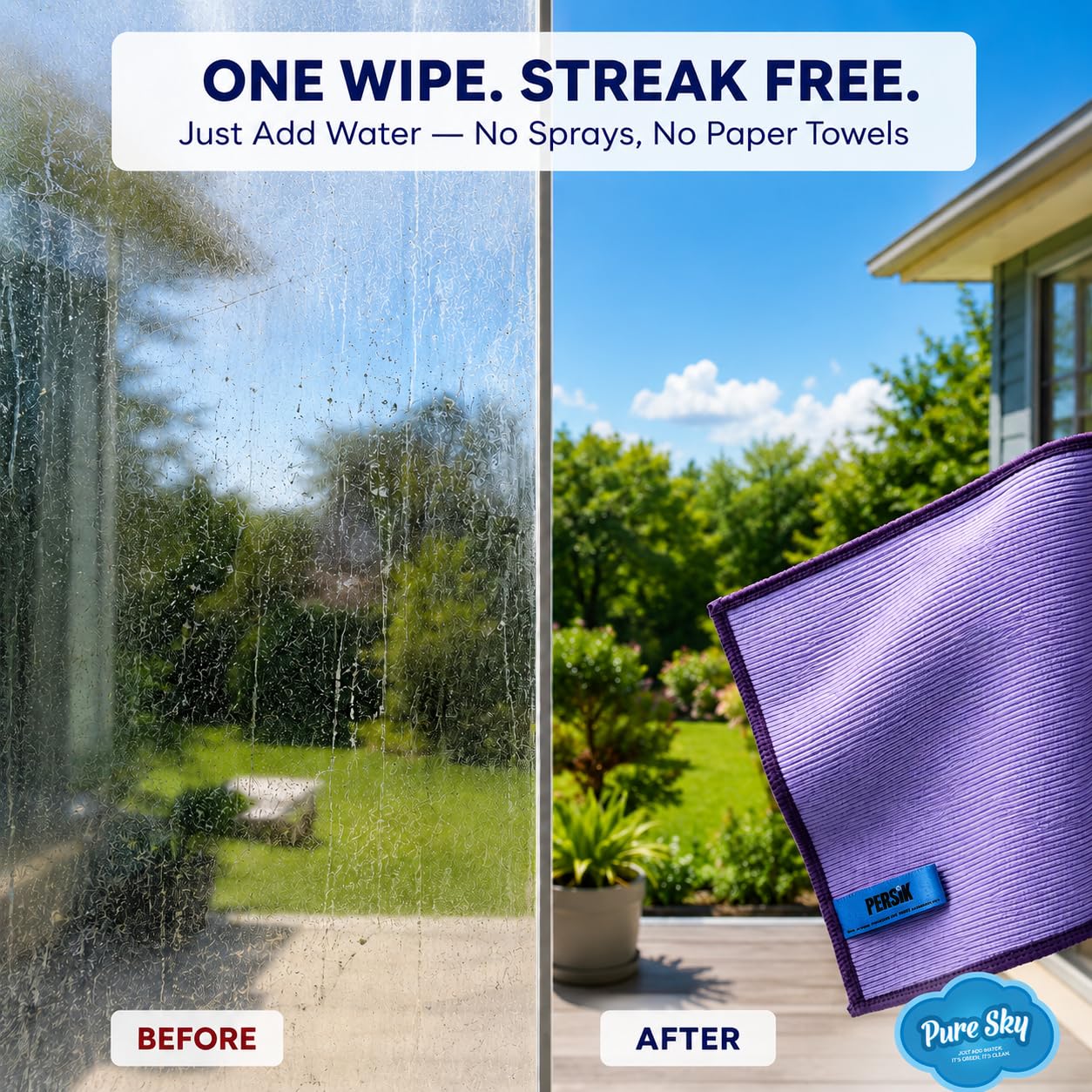 PERSIK Pure Sky Fenstertuch Mikrofasertuch - Einfach Wasser Hinzufügen Ohne Reinigungsmittel - Streifenfreies, Magisches Ultra Mikrofaser Reinigungstuch - für Fenster, Glas, Spiegel und Bildschirm
