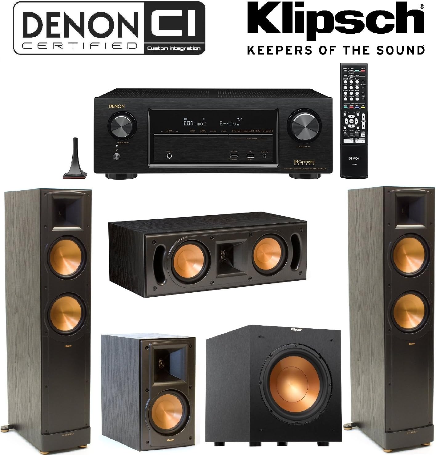 Denon AVR-X1300W Channel Full 4K Ultra HD AV Receiver with Bluetooth + Klipsch RB-51 II Bookshelf + Klipsch - RC-42 II Center + Klipsch R-10SW Subwoofer + Pair of Klipsch RF-82 II Bundle Leather Bound