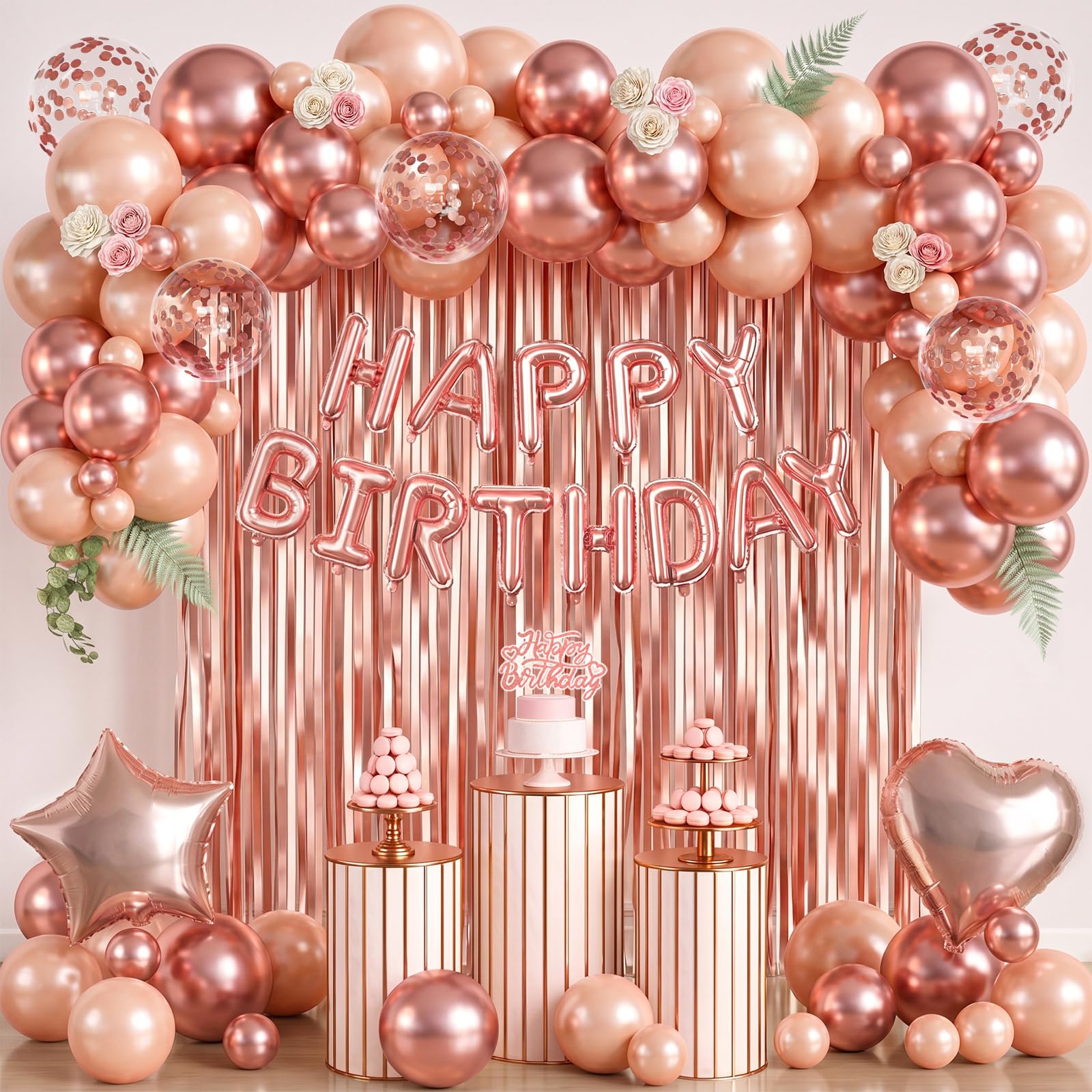 Rose Gold Birthday Decorations-Happy Birthday Decorations Set With Rose Gold Balloons Laxte,Star And Heart Foil Balloon, Happy Banner Balloon,Cake Topper And Foil Curtain For 18th 21st 30th Women Girl