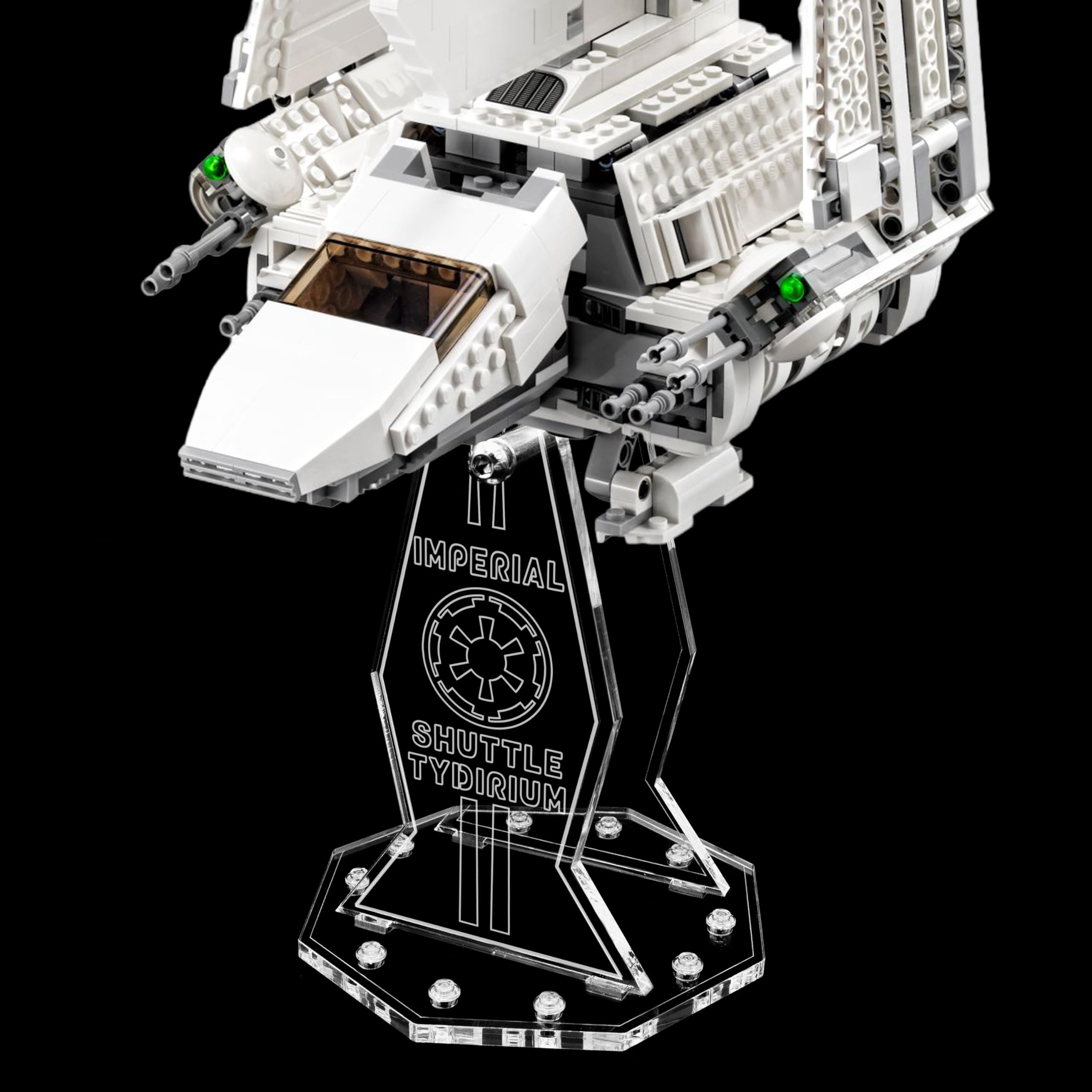 Premium Gravur Acryl Display Ständer kompatibel zu Lego 75094 Imperial Shuttle Tydirium | 5mm Halterung | Hochwertiger Präsentationsständer | Schwebender Effekt | Drehbar & Neigbar | Nur Ständer
