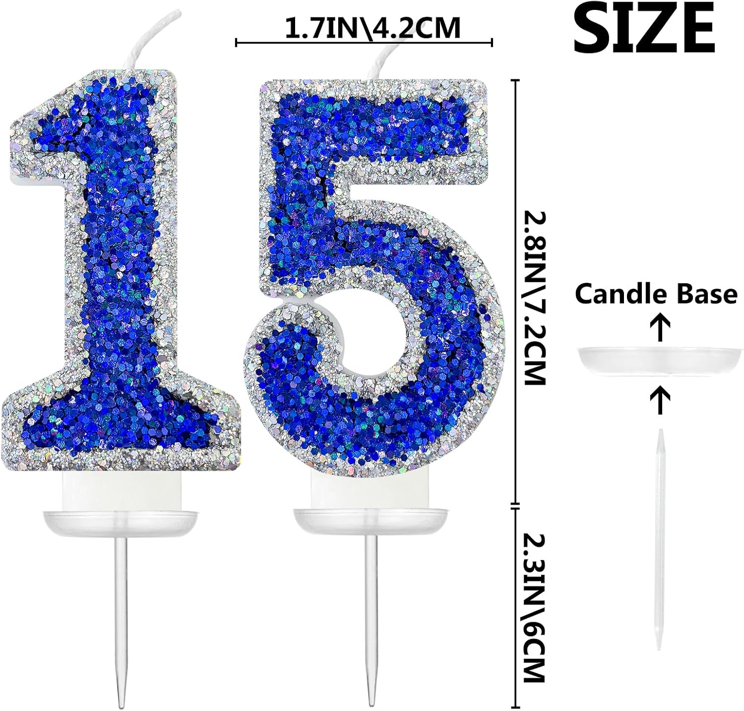 15th Birthday Decorations for Boys, Blue & Silver Glitter Number 15 Candle, Sparkly Cake Topper for Birthday Party Celebration