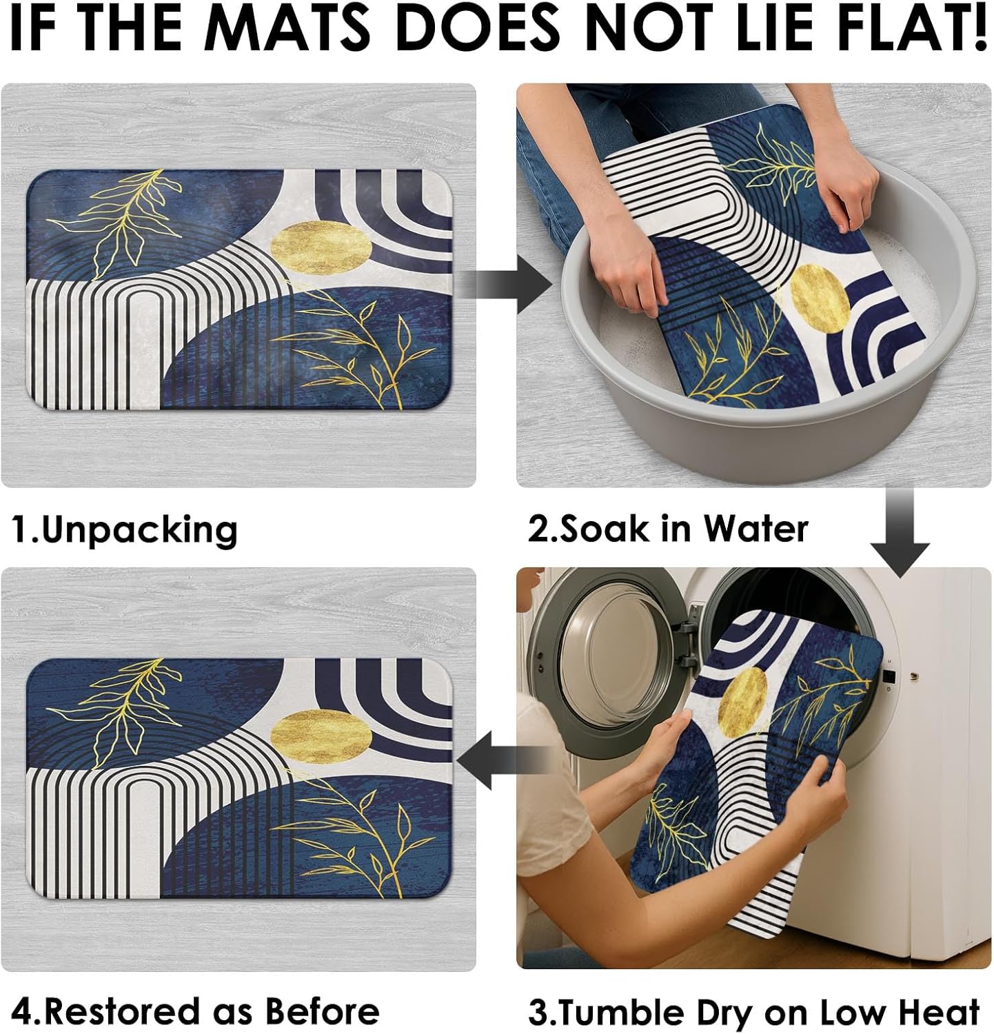 Dark Blue and Gold Boho Mid Century Shower Curtain Set with Toilet Lid Cover and Non-Slip Rugs, Abstract Geometric 4 Pcs Modern Minimalist Shower Curtain for Bathroom Set with 12 Hooks