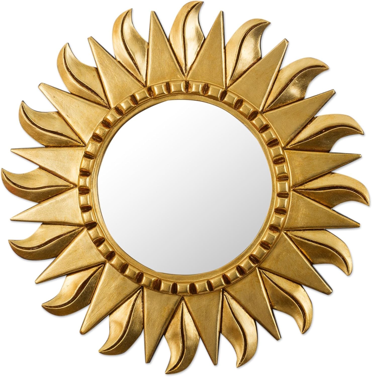 NOVICA Artisan Handmade Wood Wall Mirror Round Bronze Leaf Sun Metallic Peru Decor Mirrors Moon [Frame 17.25in H x 17.25in W x 0.8in D Mirror 8.25in Diam.] ' Sun Center'