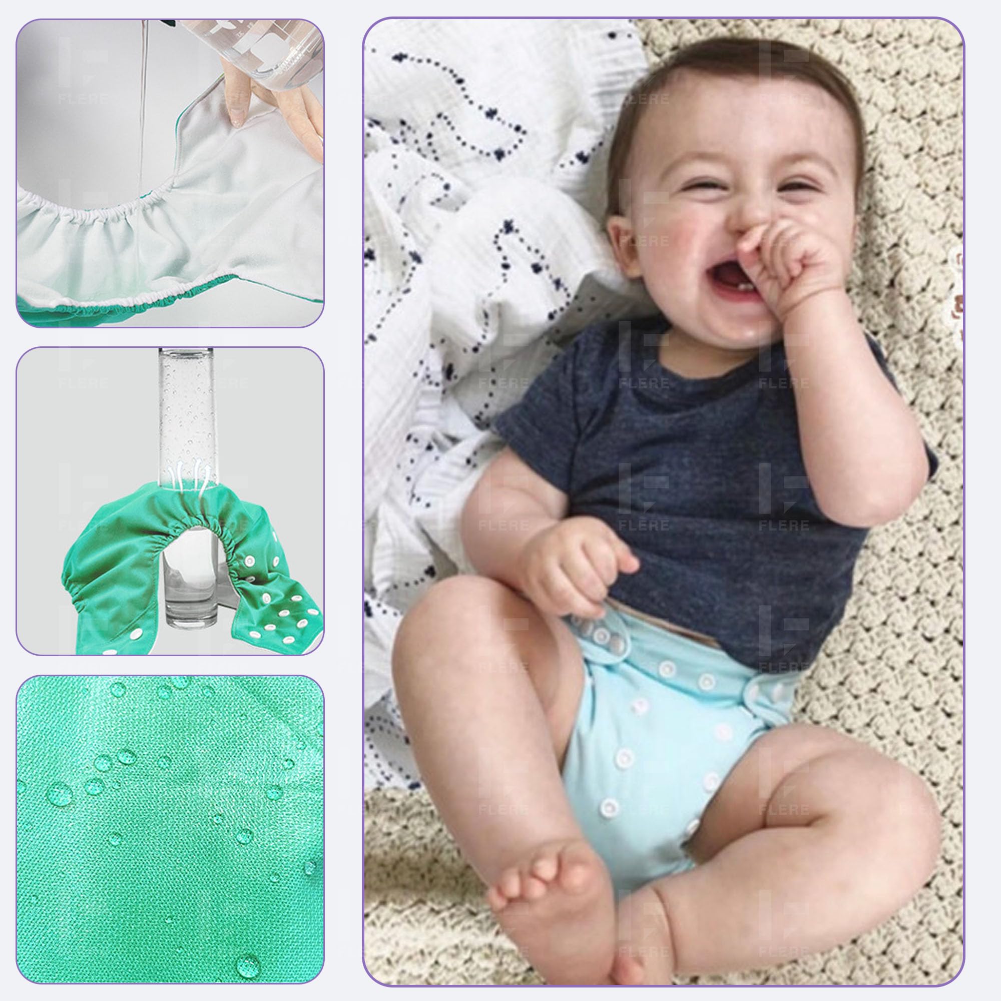 Flere Reusable Baby Cotton Cloth Diapers - Adjustable & Washable with Insert Pads for 0-3 Years | Soft, Waterproof & Eco-Friendly (Multicolor, Pack of 4) - Image 7 thumbnail