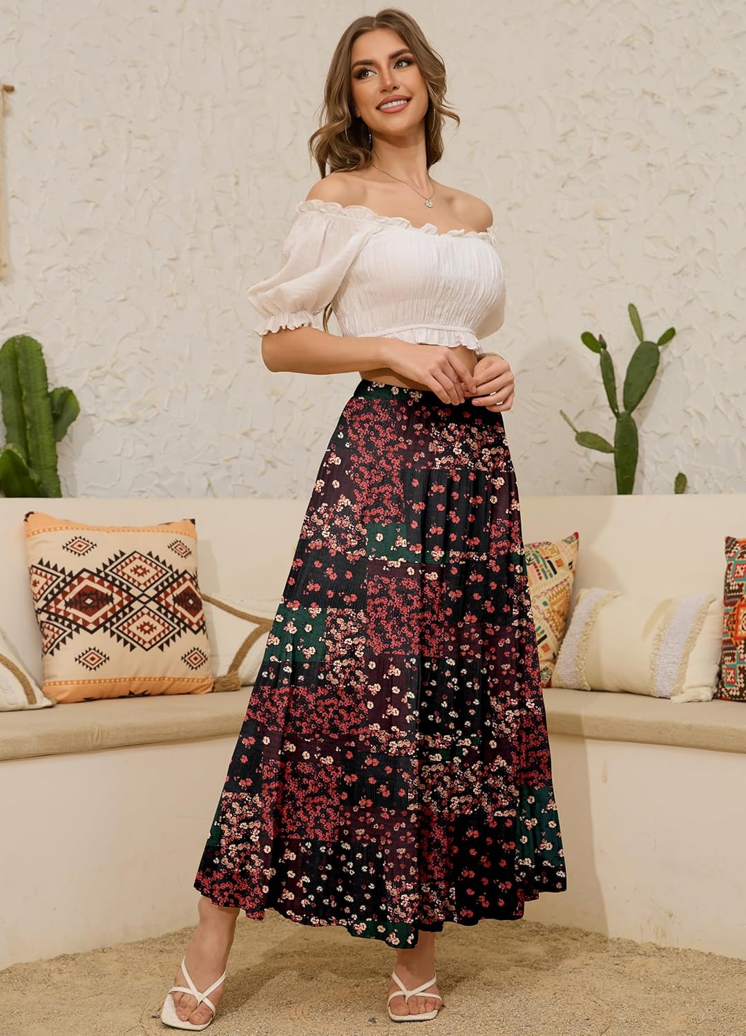 Women's Chiffon White Flowy Maxi Skirts Boho Fall Elastic Waisted Pleated A Line Long Skirt for Women 2025 - Image 3