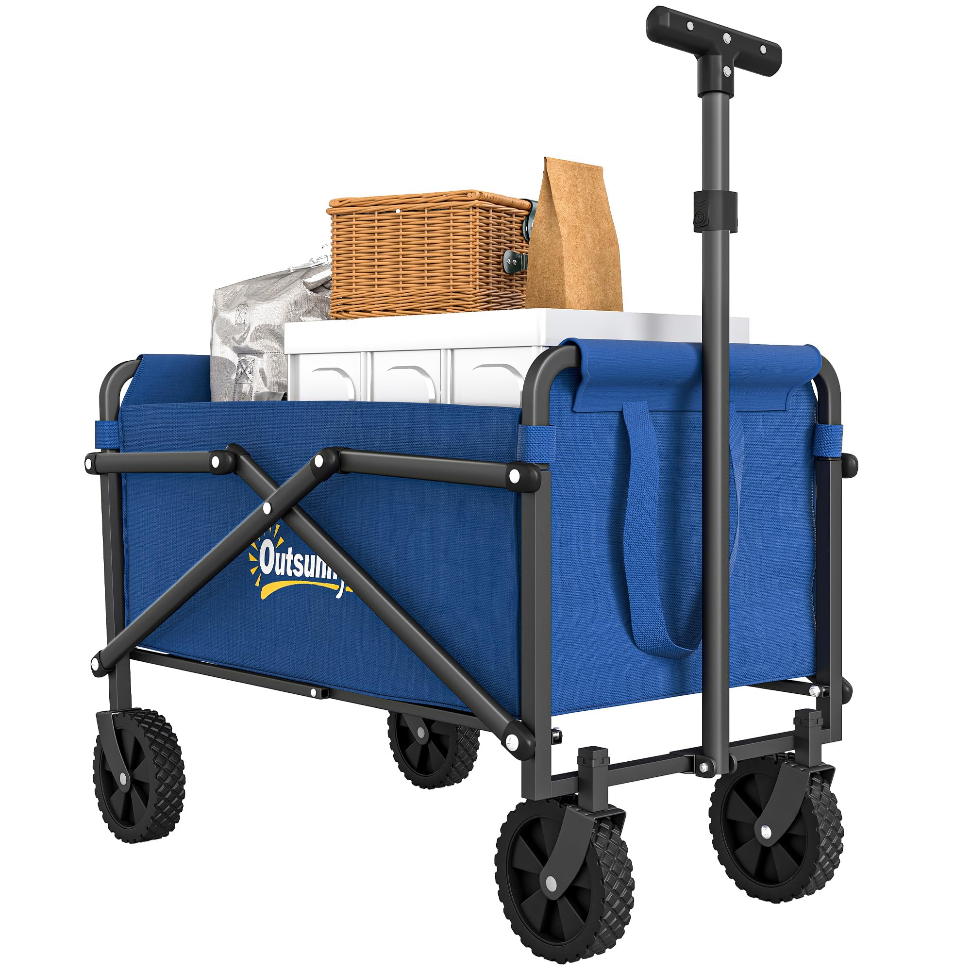 Outsunny 41L Festival Trolley on Wheels, Small Garden Folding Trolley Cart, 60kg Heavy Duty Collapsible Folding Wagon with Adjustable Handle and Carrying Bag for Beach, Camping, Festival, Blue