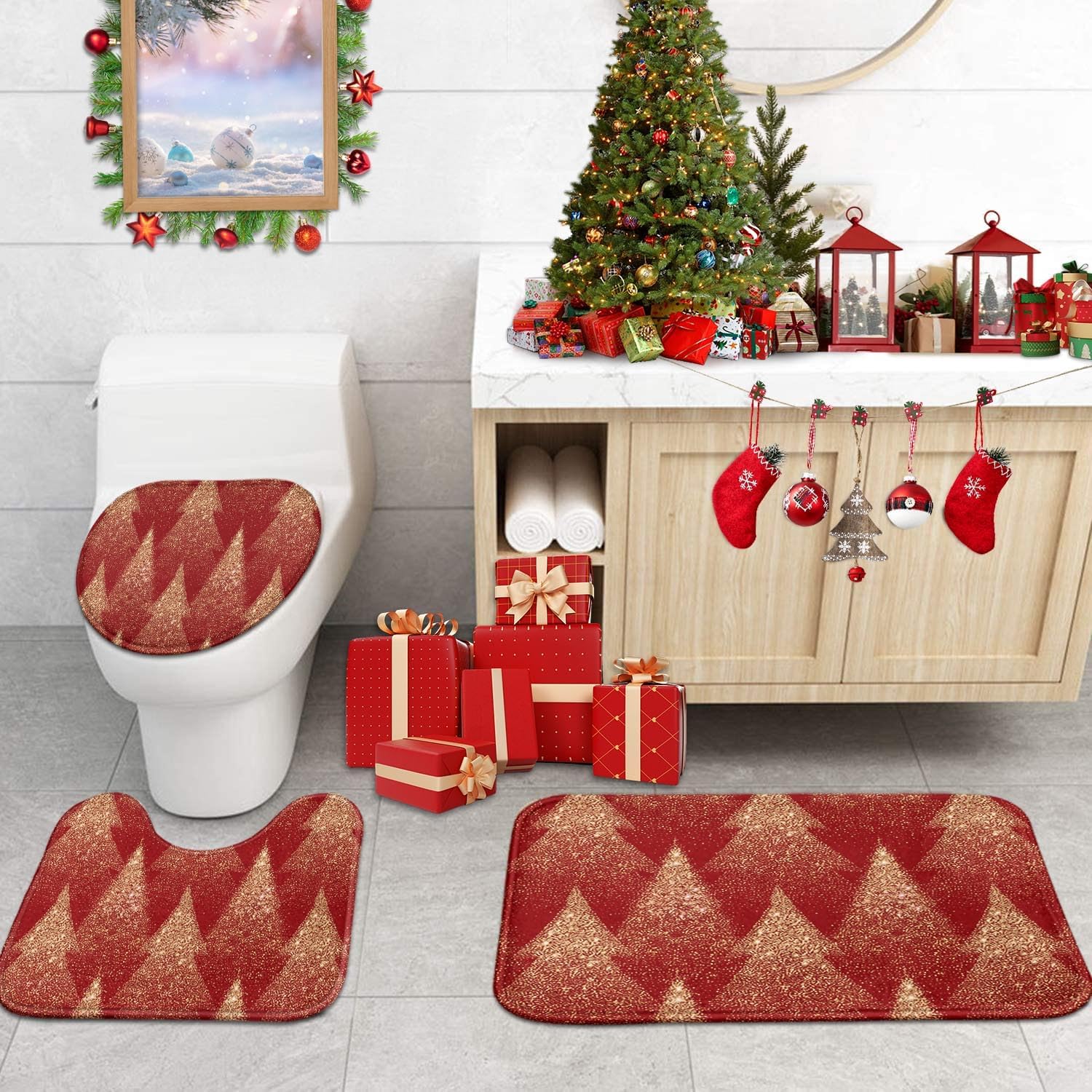 ArtSocket Christmas Tree Bathroom Set with Shower Curtain and Rugs and Accessories, Gold Red Winter, Forest Holiday Shower Curtains for Bathroom Decor 4 Pcs