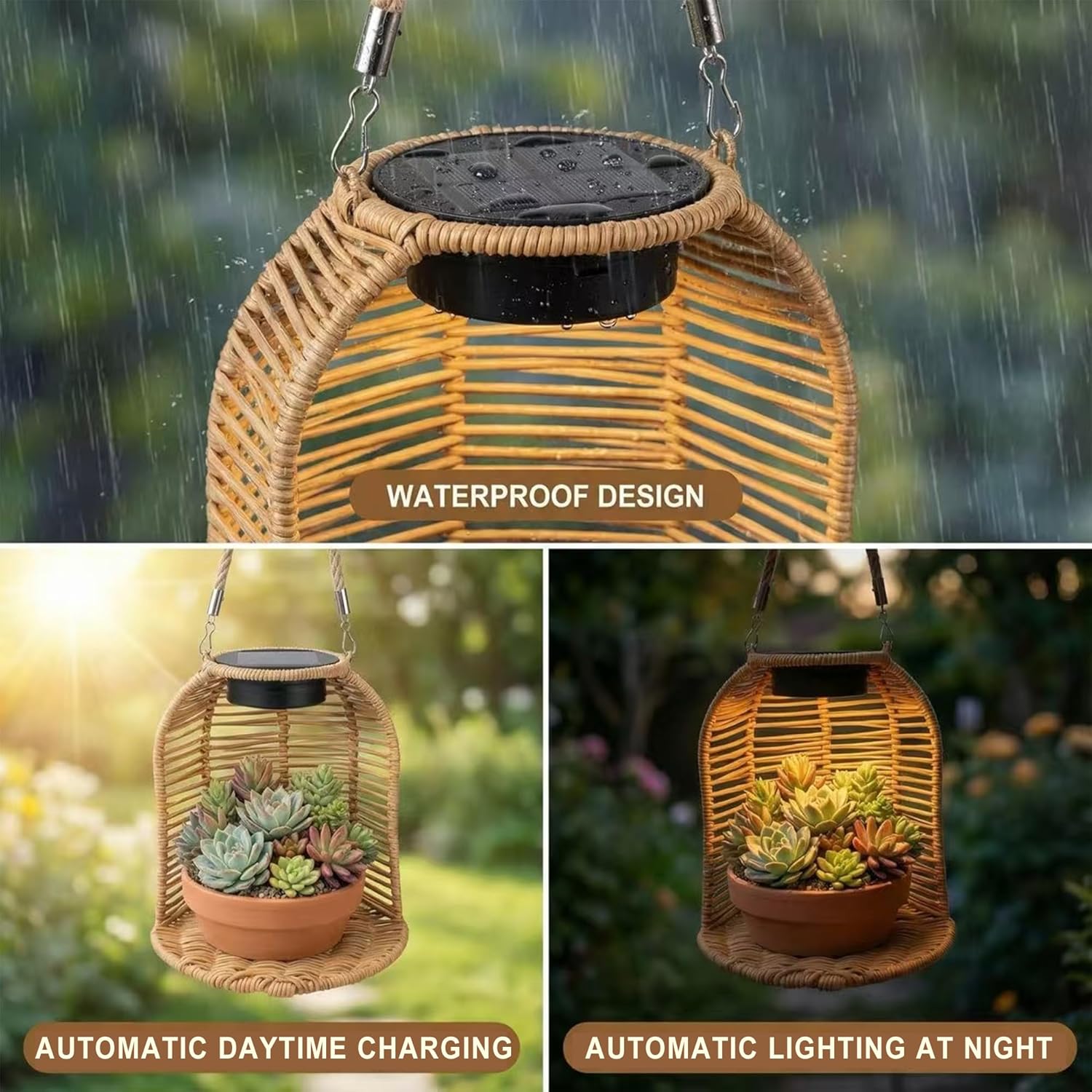 LIYAOLI Solar Rattan Lanterns Outdoor Waterproof 2 Pack, Hanging Solar Lights for Patio Garden Yard Pathway Porch Decor, Boho Lanterns with Planter Holder for Outdoor Decorations (Light Brown)
