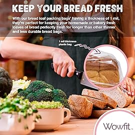 Wowfit Bread Poly Bags, Pack of 100 Entirely Transparent Clear Bakery Storage for Handmade Loaf Packaging, Includes 100 Gold Twist Ties