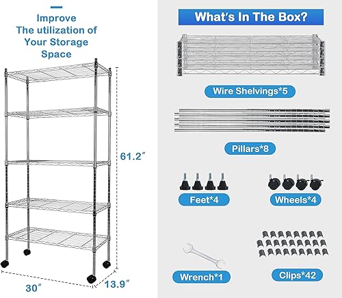 Miniatura 3 de Estantería de alambre de metal de 5 niveles con rueda, estante alto de almacenamiento, estantes de almacenamiento certificados NSF, 220 libras de