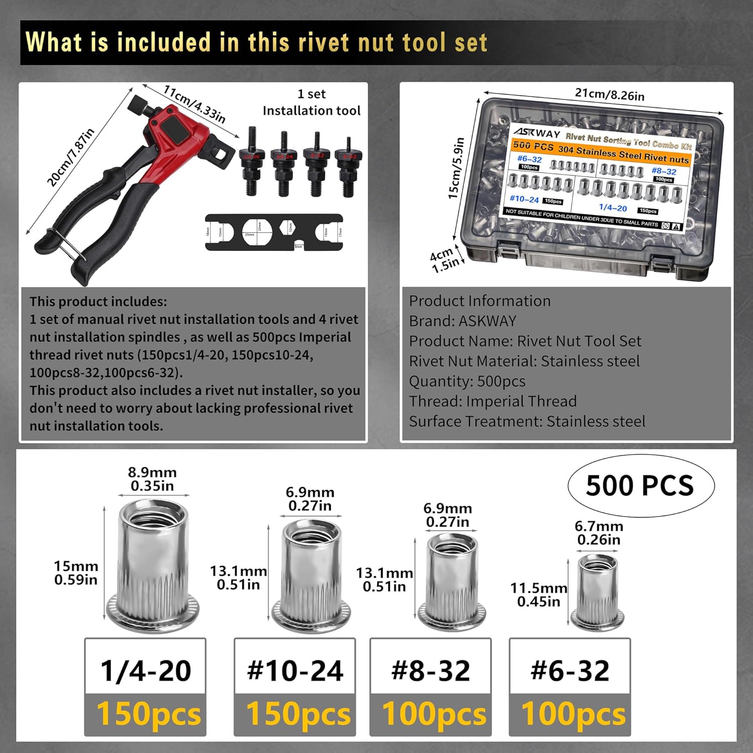 ASE Stainless Steel Rivet Nut Tool Kit, 500PCS (1/4-20,10-24,8-32,6-32) inch Rivet Nut, Suitable for Furniture, Decoration, Automotive, Marine and Industrial Applications