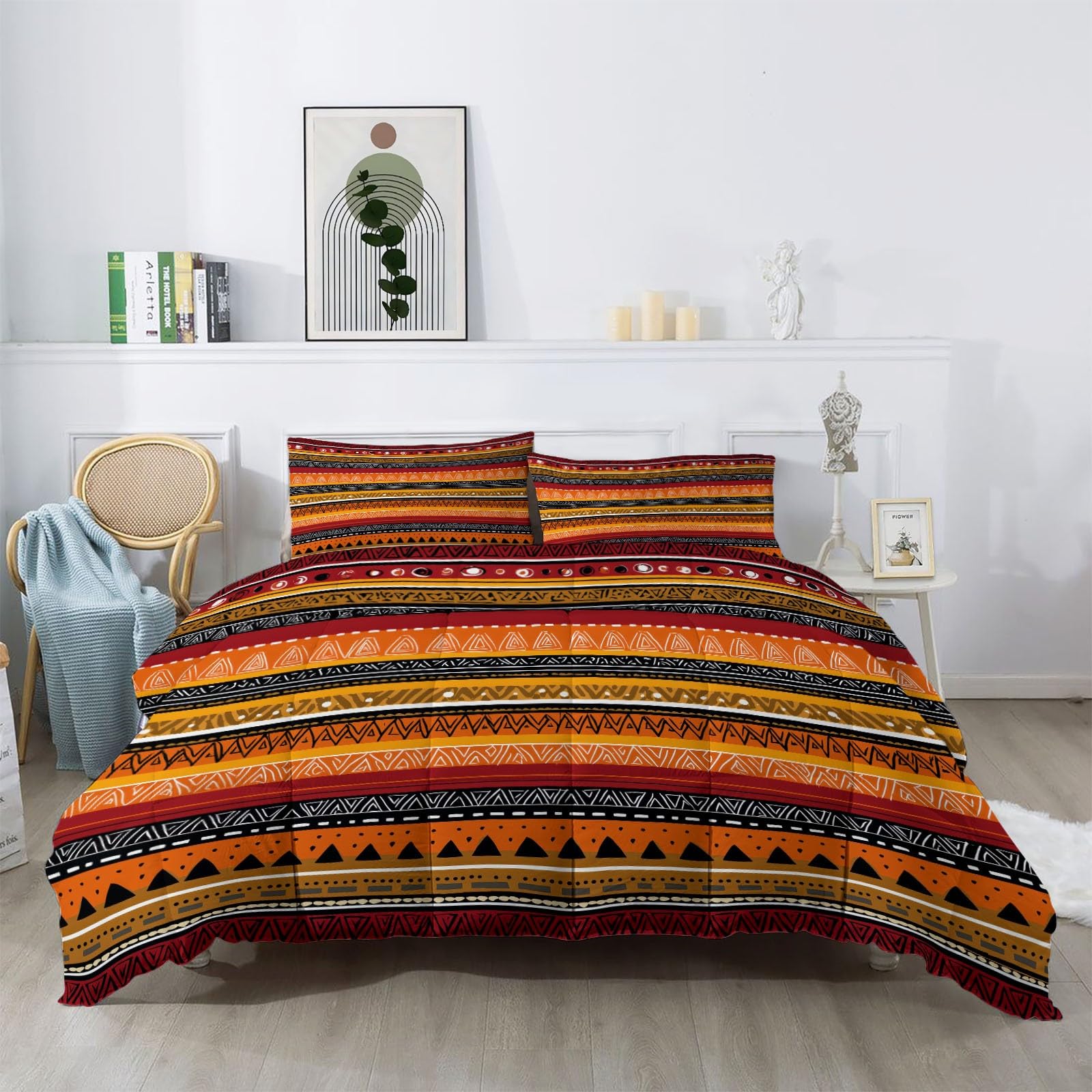 Bettdecke 155 x 220 cm 4 Jahreszeiten, Retro Tribal Geometrisch Gestreift Steppdecke, Warme Ganzjahresdecke - Mehrfarbig Bettdecke ohne Bezug, Waschbar Schlafdecke mit 2 Kissenbezug