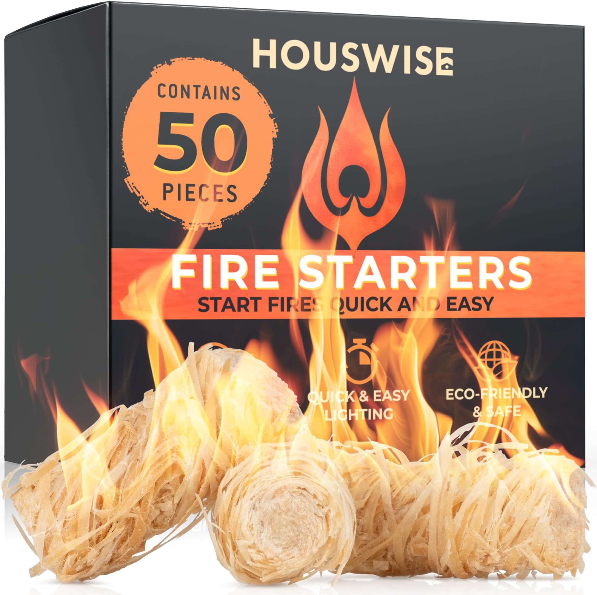 Houswise Fire Starter 50 pcs - Natural Fire Starters for Indoor & Outdoor, Firestarter for Wood Stove, Fireplace Campfires, Chimney, Grill, Pit, BBQ