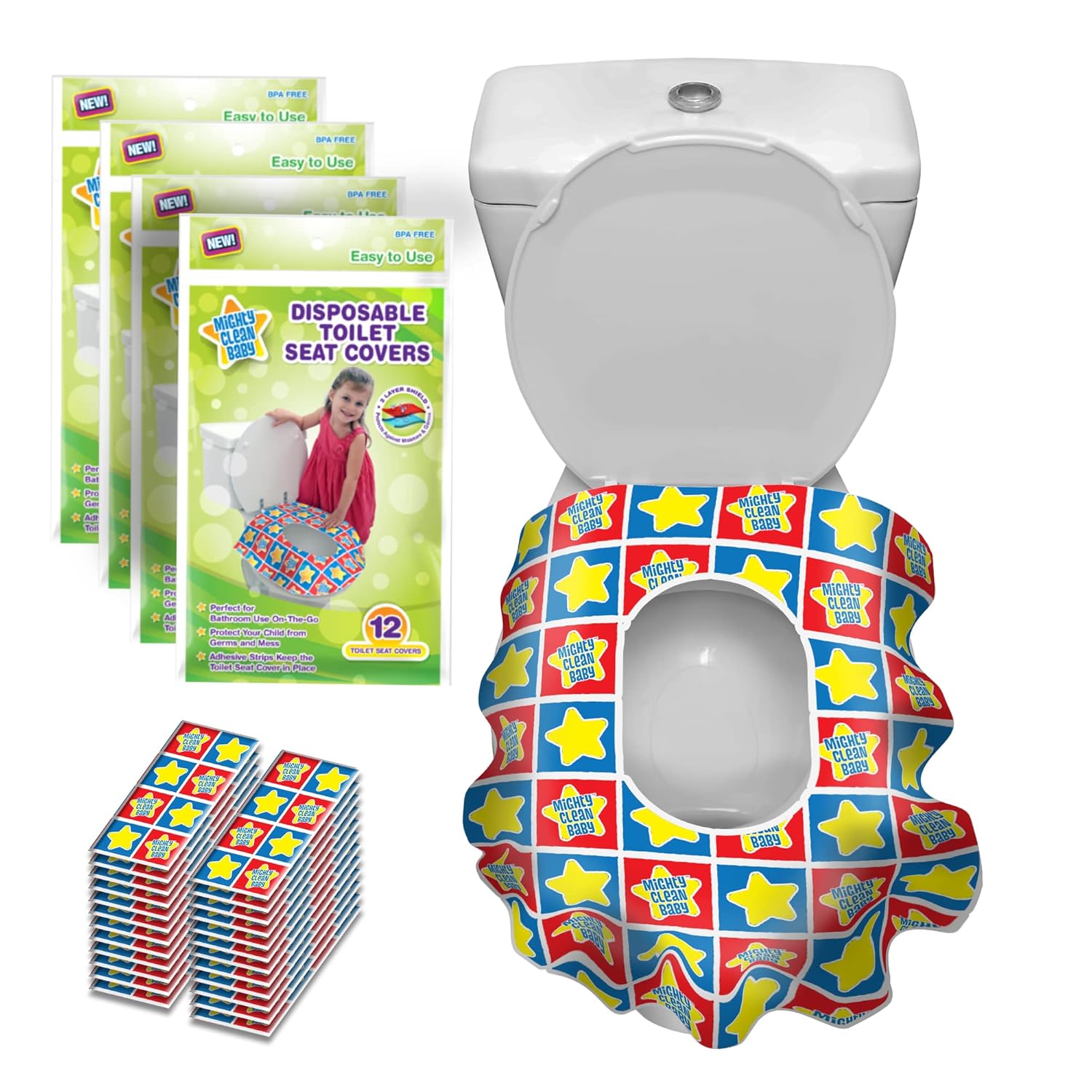 Toilet Seat Covers Disposable Value Pack- 48 Large Waterproof Potty Covers for Toddlers, Kids, and Adults by Mighty Clean Baby - 4 Packs of 12 Covers (Large) Thumbnail