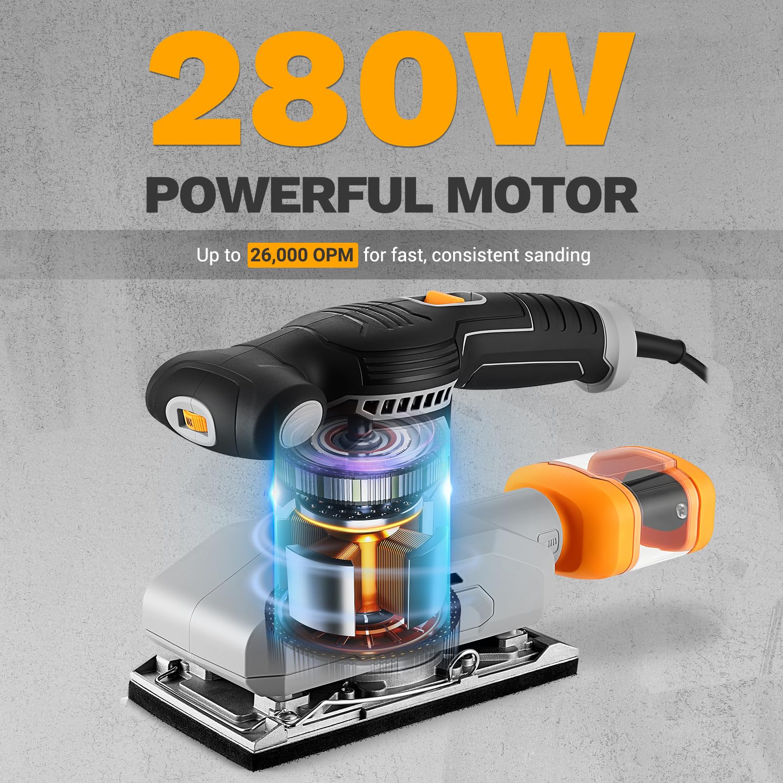 DEKOPRO Levigatrice orbitale da 280 W, 6 velocità, disco abrasivo da 90 x 187 mm, include 15 fogli abrasivi, adatta per progetti di bricolage in legno