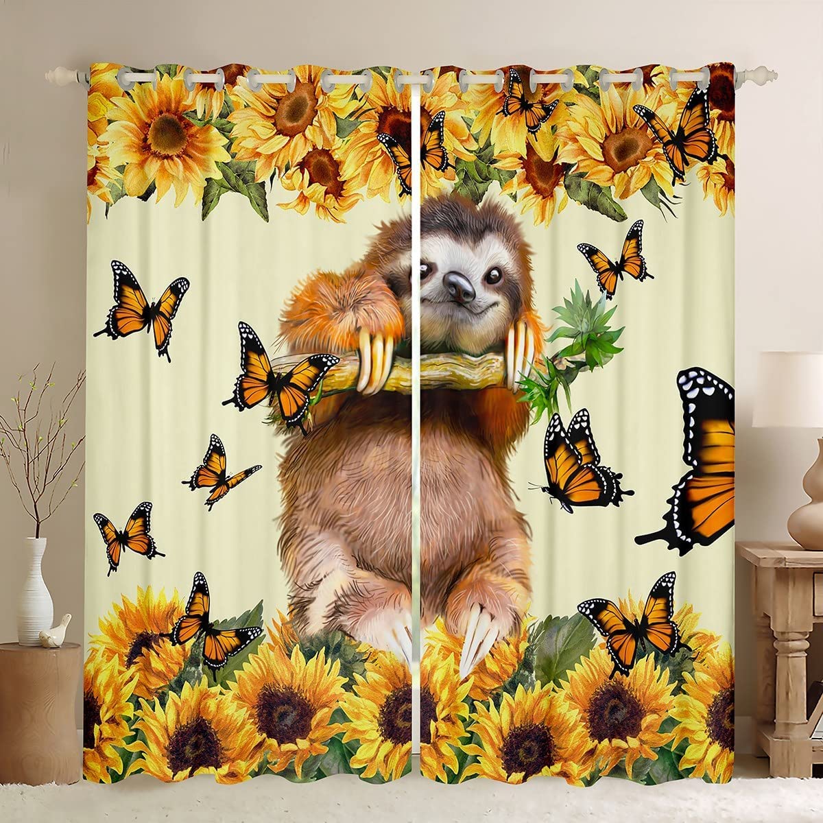 Loussiesd Cute Sloth Blackout Curtain Sunflower Sloth Curtains for Kids Boys Girls Butterfly Window Drapes Botanical Floral Window Treatments W66*L72 — image 1