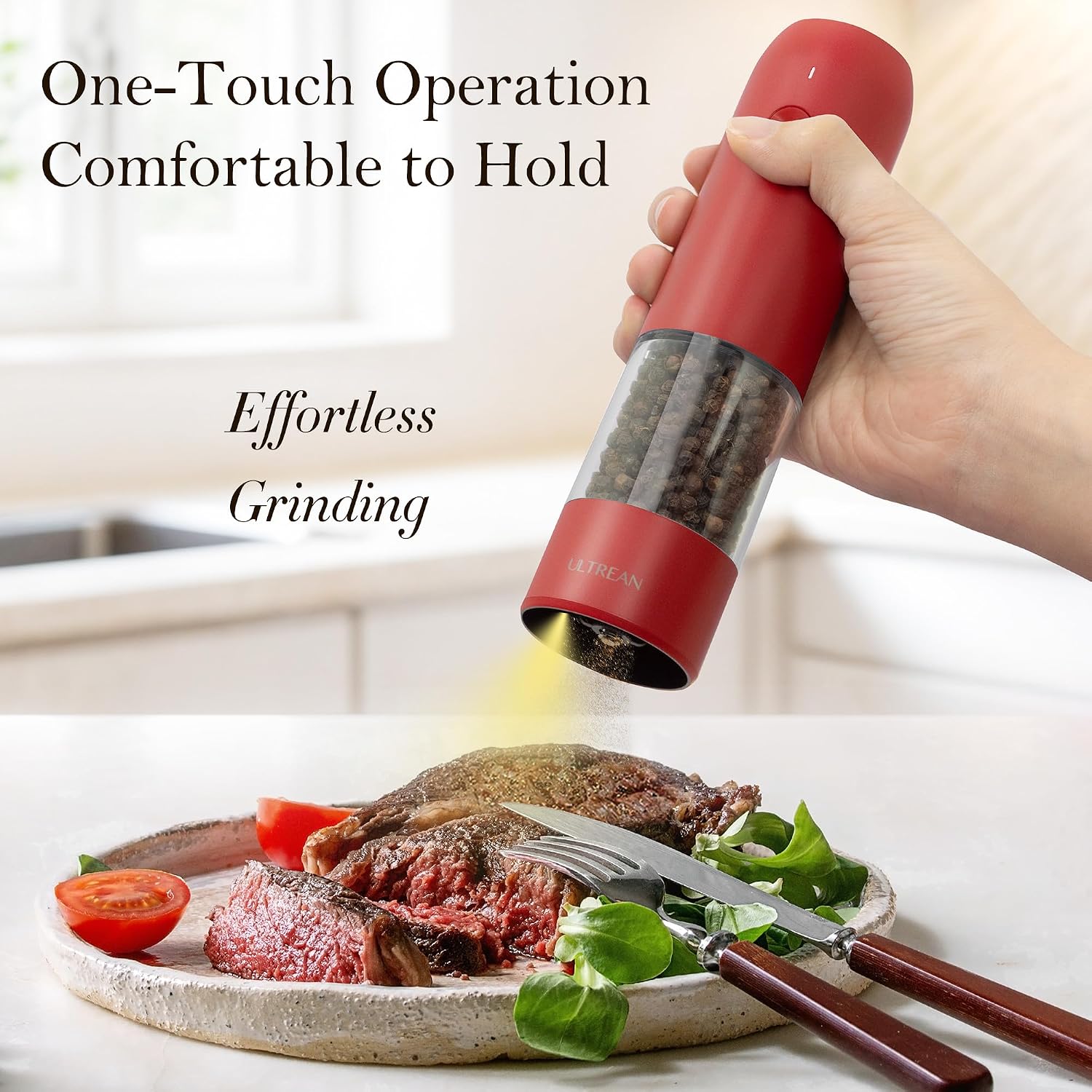 ultrean pepper grinder, rechargeable salt and pepper grinder with 6 adjustable coarseness, led light, automatic salt and pepper shakers, cooking gifts valentines day gifts for women, crimson red