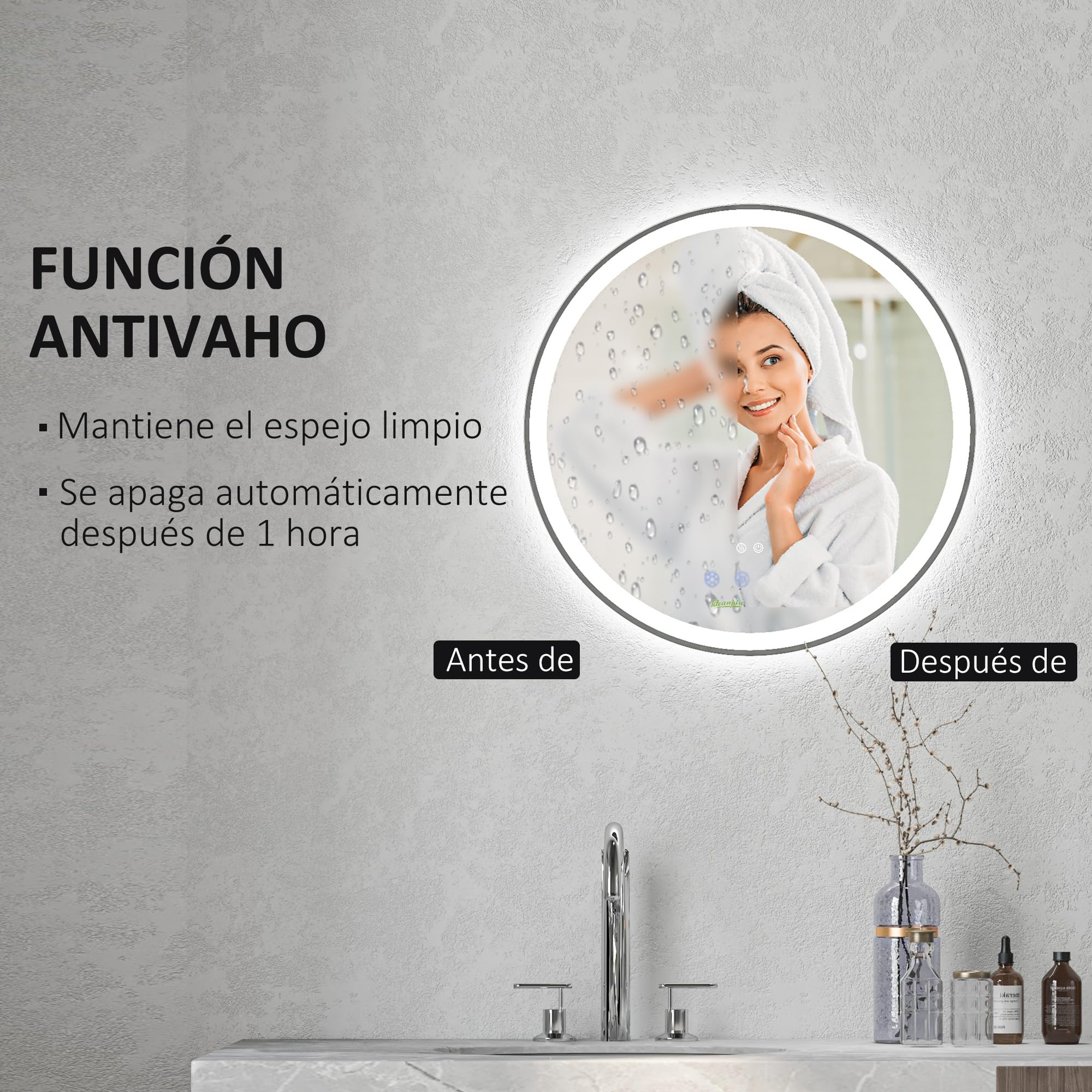 kleankin Espejo de Baño con Luces LED Ajustable Antivaho Ø60 cm Plata | Espejo para Baño Redondo, Función de Memoria, Interruptor Táctil, para Salón Entrada