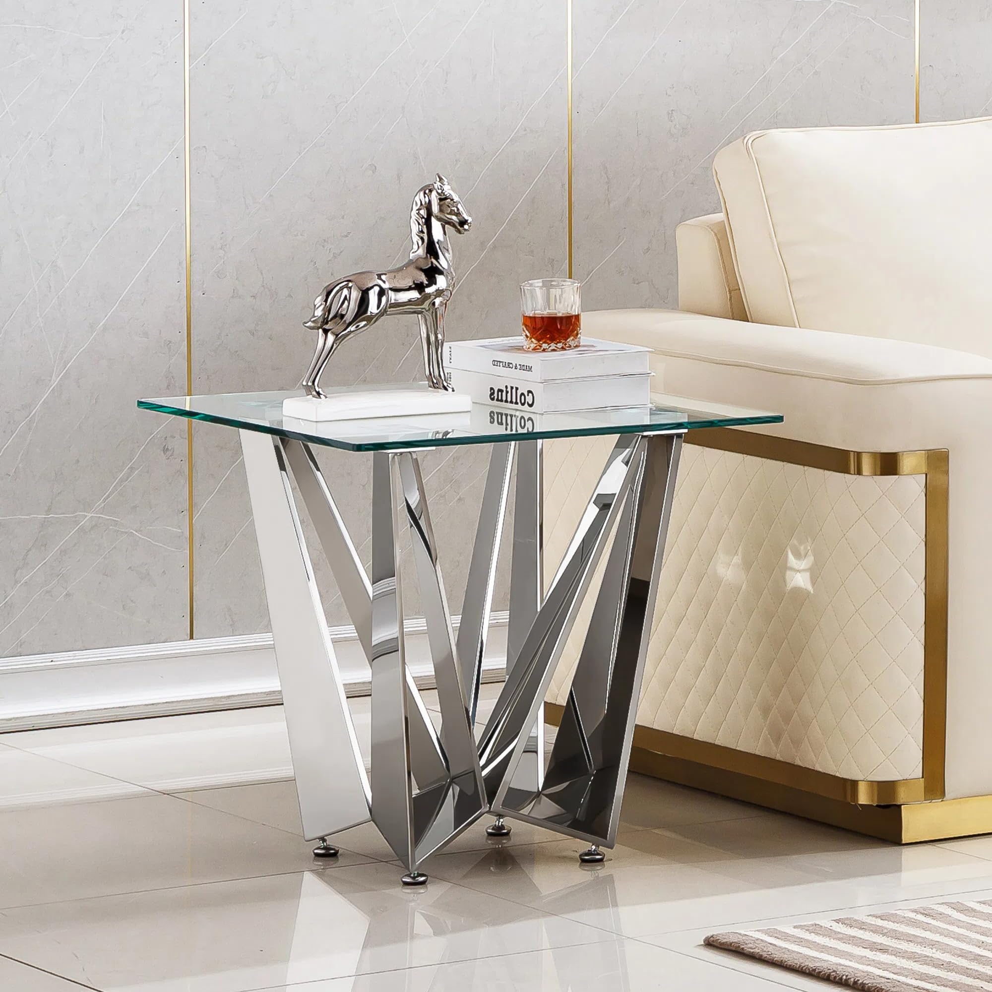 Modern Glass End Table, 23" Small Side Table, Luxury Silver Glass End Table Bedside Table Nightstand Lamp Table with Butterfly-Shape Stainless Steel