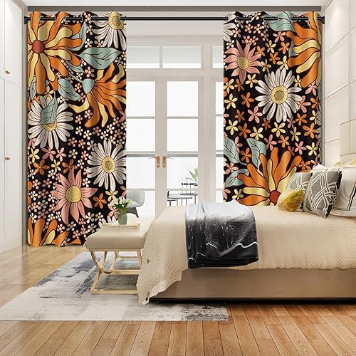 Miniatura 5 de Juego de 2 paneles de cortinas opacas de 63 pulgadas, aislamiento térmico y oscurecimiento de la habitación, cortinas de ventana con estampado retro