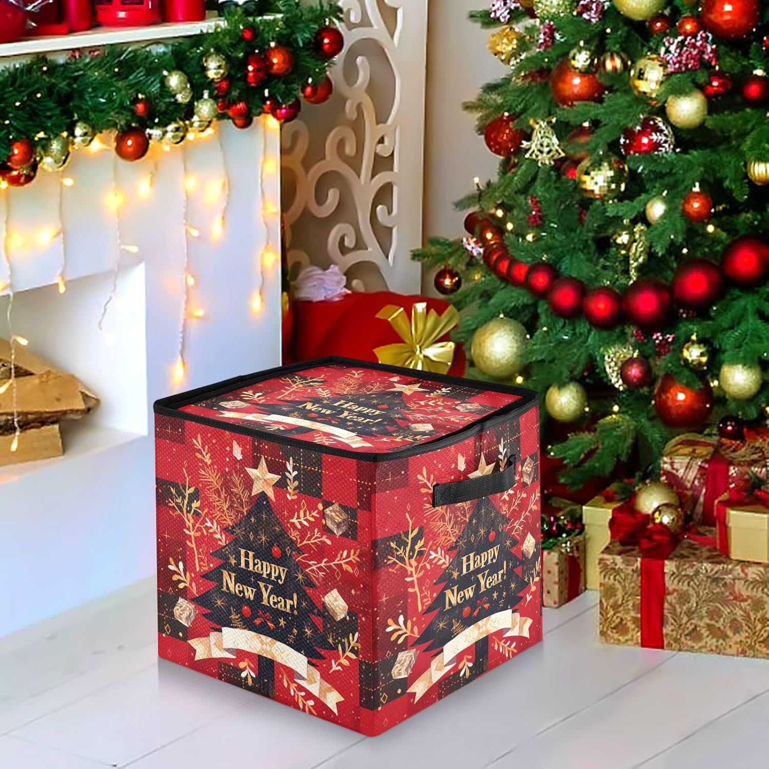 High Capacity Christmas ornament organizer storage Holds Up to 64, Adjustable Dividers, Zippered Top, Two Handles foldable Holiday Storage Case with Lid,Christmas Red Plaid