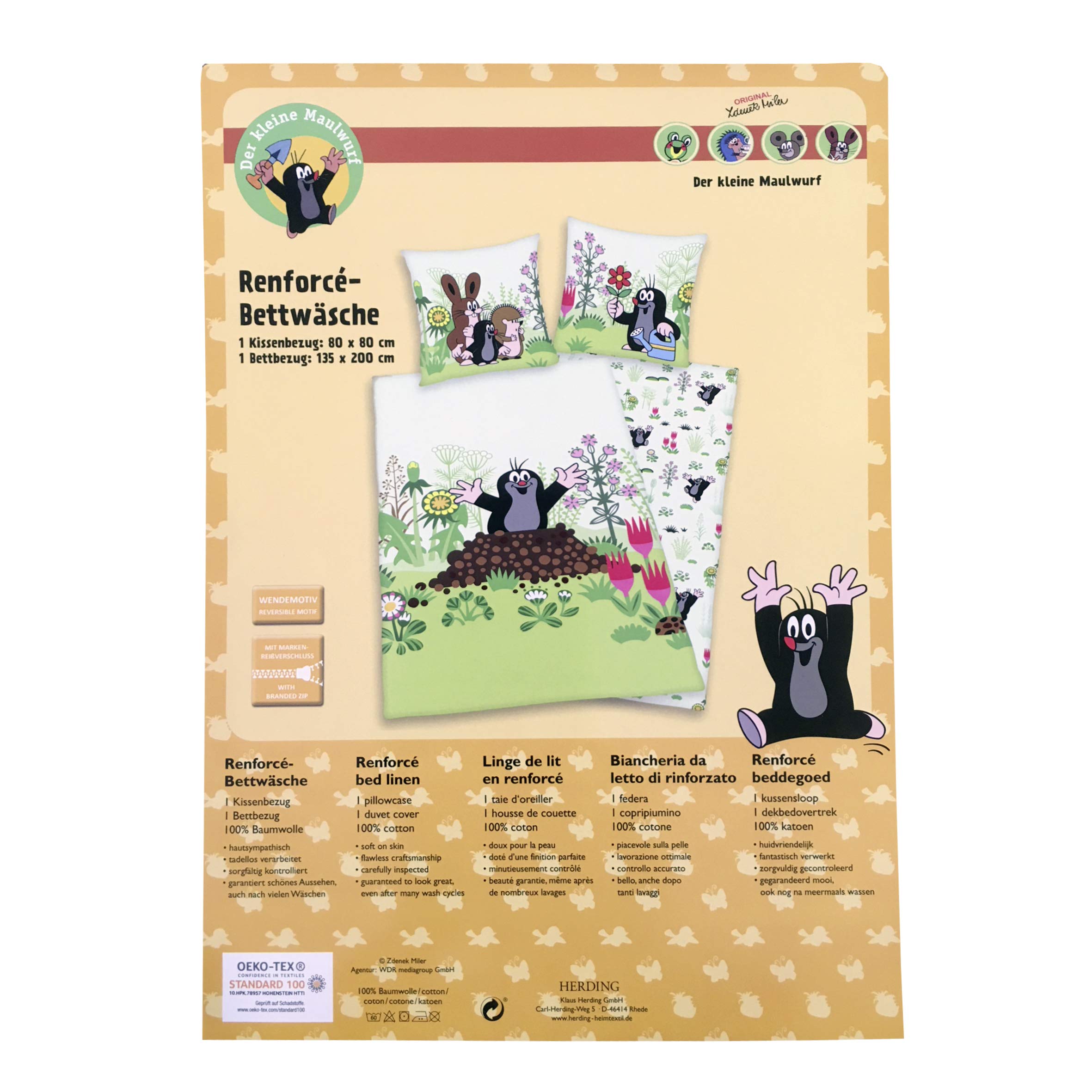 Herding DER KLEINE MAULWURF Bettwäsche-Set, Wendemotiv, Bettbezug 135 x 200 cm, Kopfkissenbezug 80 x 80 cm, Baumwolle/Renforcé, Bunt