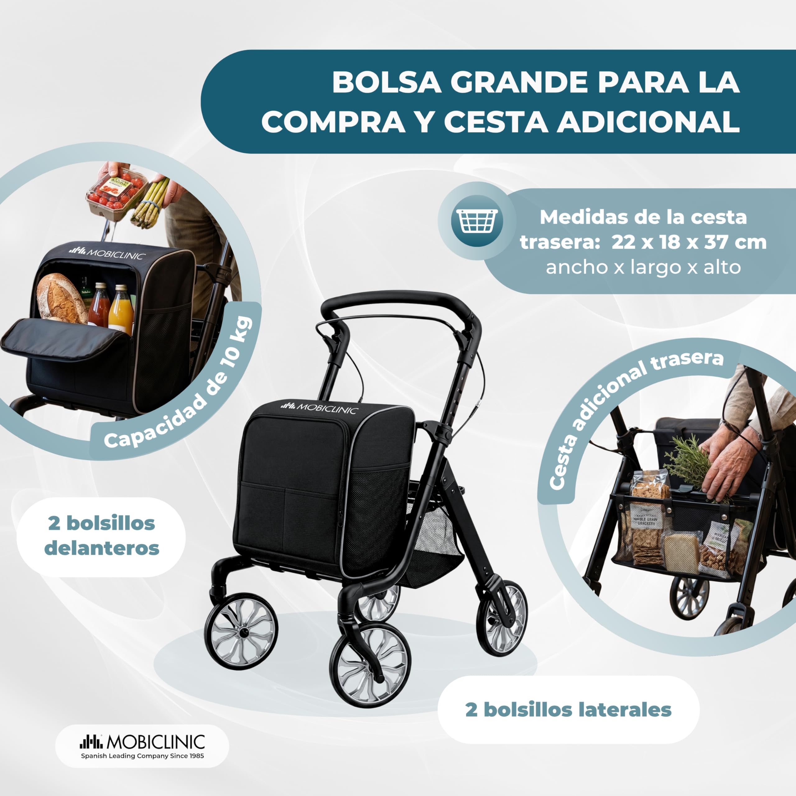 Mobiclinic®, Andador Plegable + Carro de la Compra, 2 en 1, Freno de Estacionamiento, Regulable en 6 Alturas, Monomando, Cesta y Bolsa XXL Extraíble, Ruedas 360º, Resistente, Aluminio, Formen